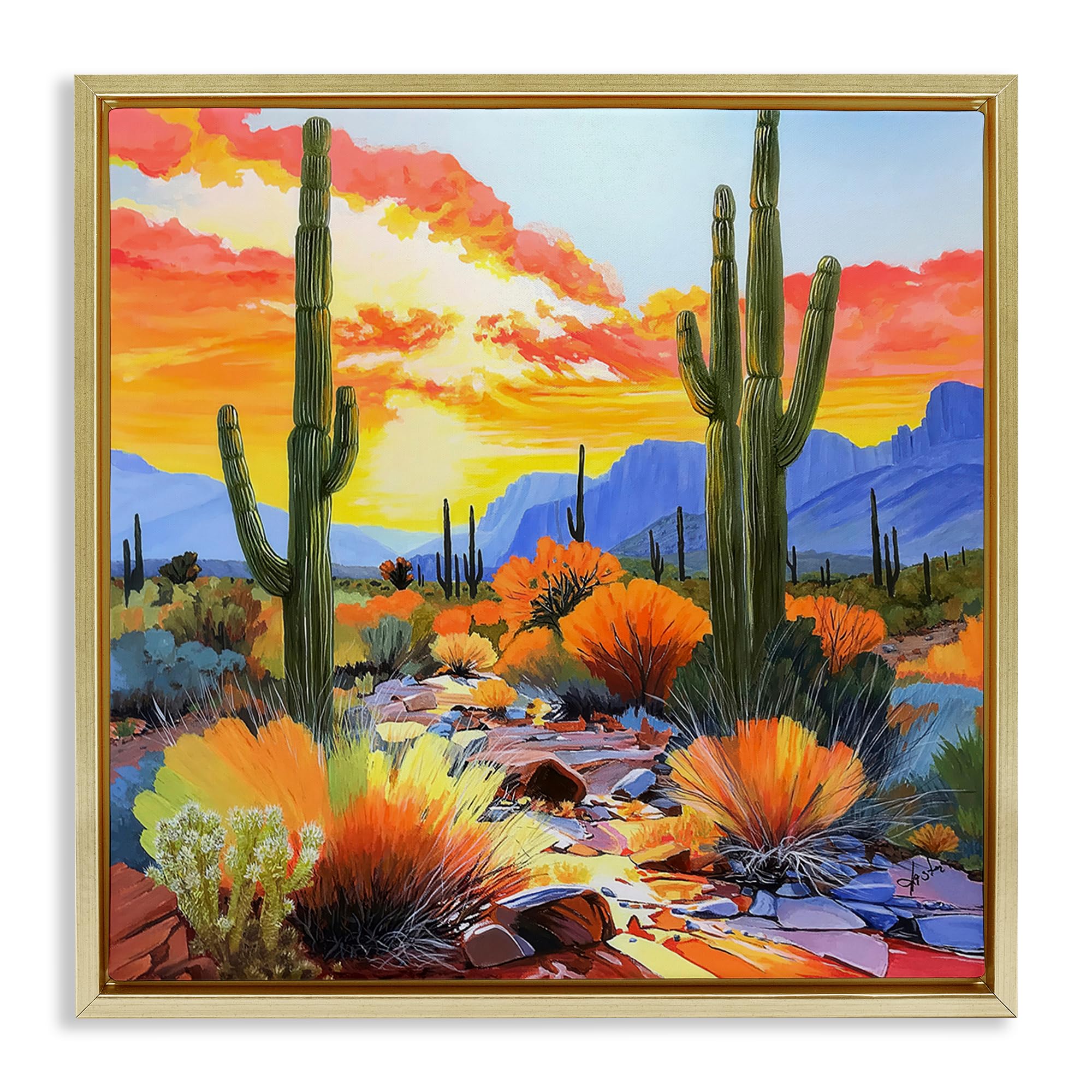 Stupell Industries Metallic Gold (Matte) Desert Cactus Sunset Landscape, 17 X 17 Inch Canvas In Floater Frame