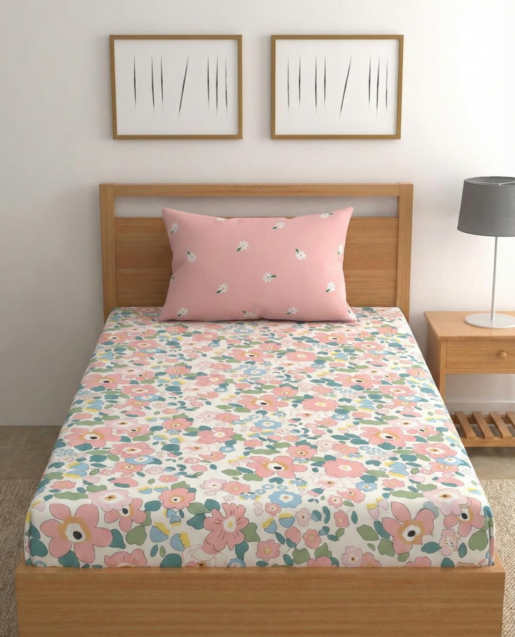 LOOMLYFE 300 TC Cotton Feel Glace Elastic Fitted Printed Single Bed Bedsheet With 1 Pillow Cover Fits Upto 6 Inches Mattress,Size- 42X75X8 Inches, Pinkflower, Smallsingle