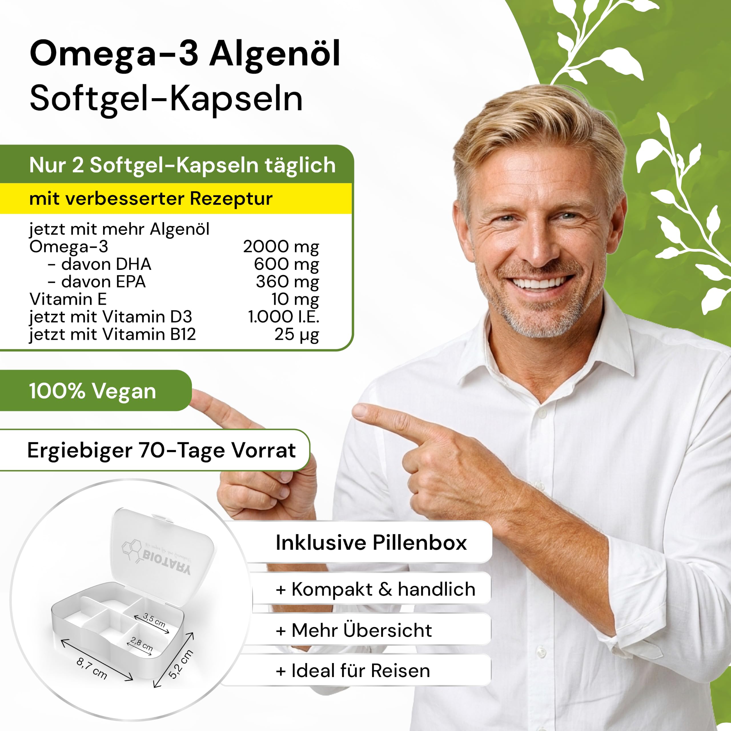 Omega 3 Algenöl 140 vegane Softgel Kapseln 2000 mg pro Tagesportion mit 600 mg DHA und 360 mg EPA plus Vitamin E D3 B12 inklusive Pillendose 70 Tage Vorrat geprüfte Qualität
