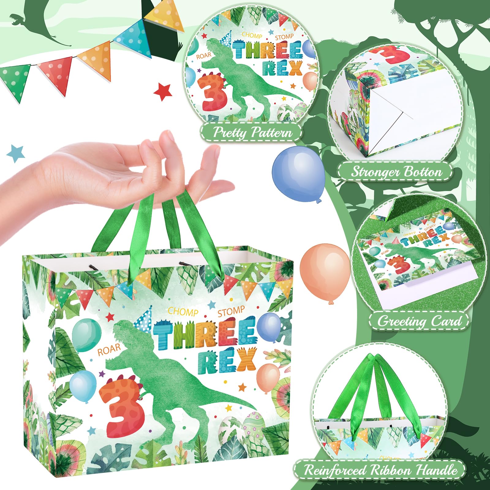 Peconal 3rd Birthday Gift Bag Dinosaur 3rd Birthday Party Decorations Three Rex Dinosaur Gift Wrapping Paper Bag with Tissue Paper for Boys Dino Age 3 Year Old Party Favors Supplies