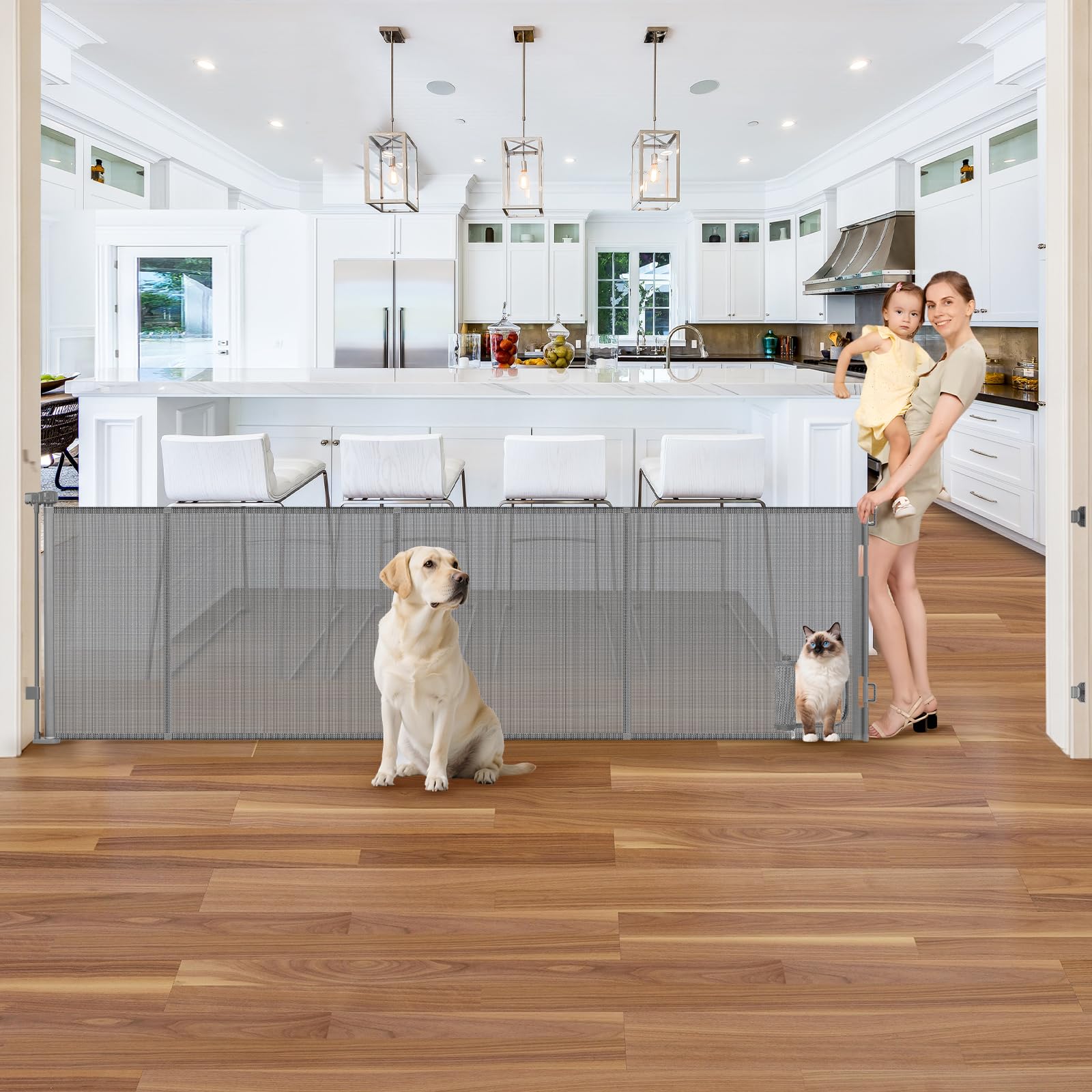 Reinforced 120 Inch Extra Large Retractable Dog Gate with Cat Door 10ft Extra Wide Baby Gates for Large Openings 33 Inch Tall Pet Gate Indoor with