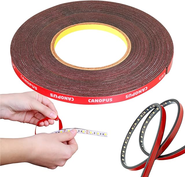 CANOPUS Double Sided Tape Heavy Duty (10mm x 9.75m) Waterproof Mounting Tape Strong Adhesive Tape, Ideal for LED Strip Lights Automotive, Home Decor, Car 10mm Double Sided Tape