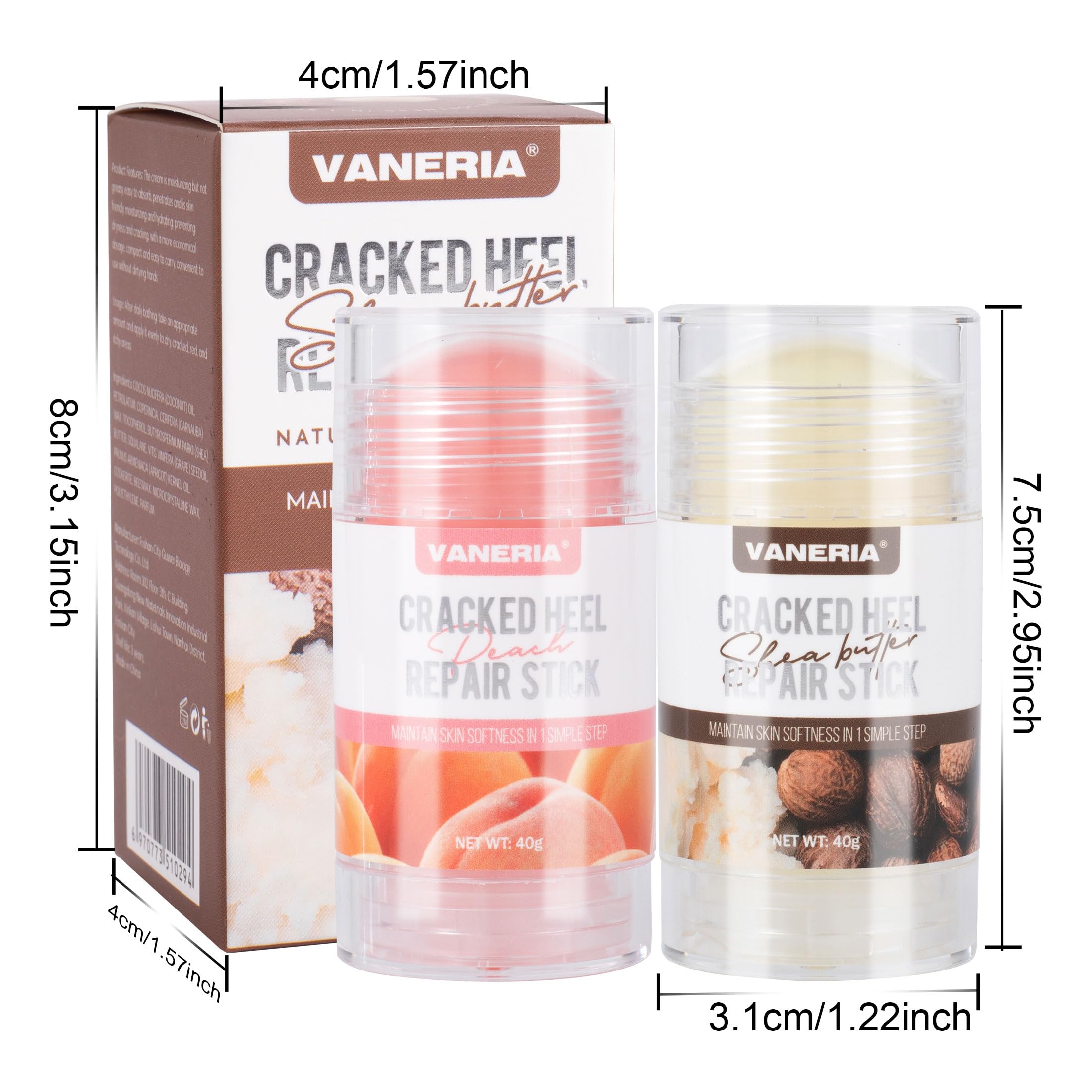 VANERIA Cracked Heel Repair Stick,Heel Balm for Dry Cracked Feet Treatment with Shea Butter & Coconut Oil,Deeply Moisturize & Soften Feet,Exfoliates Dead Skin 40g(Peach Scent)