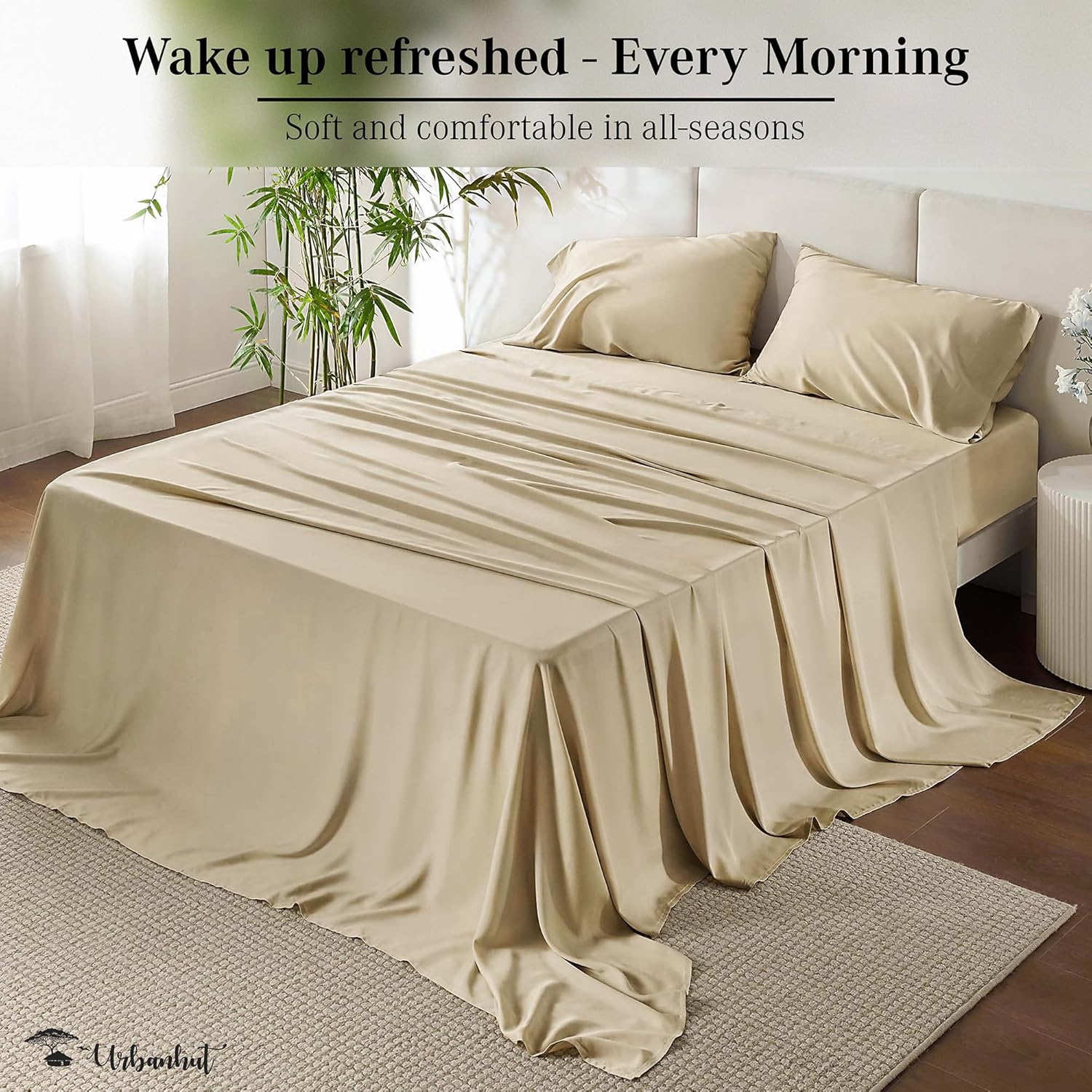 URBANHUT 700 Thread Count 100% Cotton Sheets King Size, 4Pc Sheet Set Luxury Bed Sheet for King Size Bed, Sateen Weave Hotel Sheets, Better Than Egyptian, 16'' Elasticized Deep Pocket - Sand - Image 3