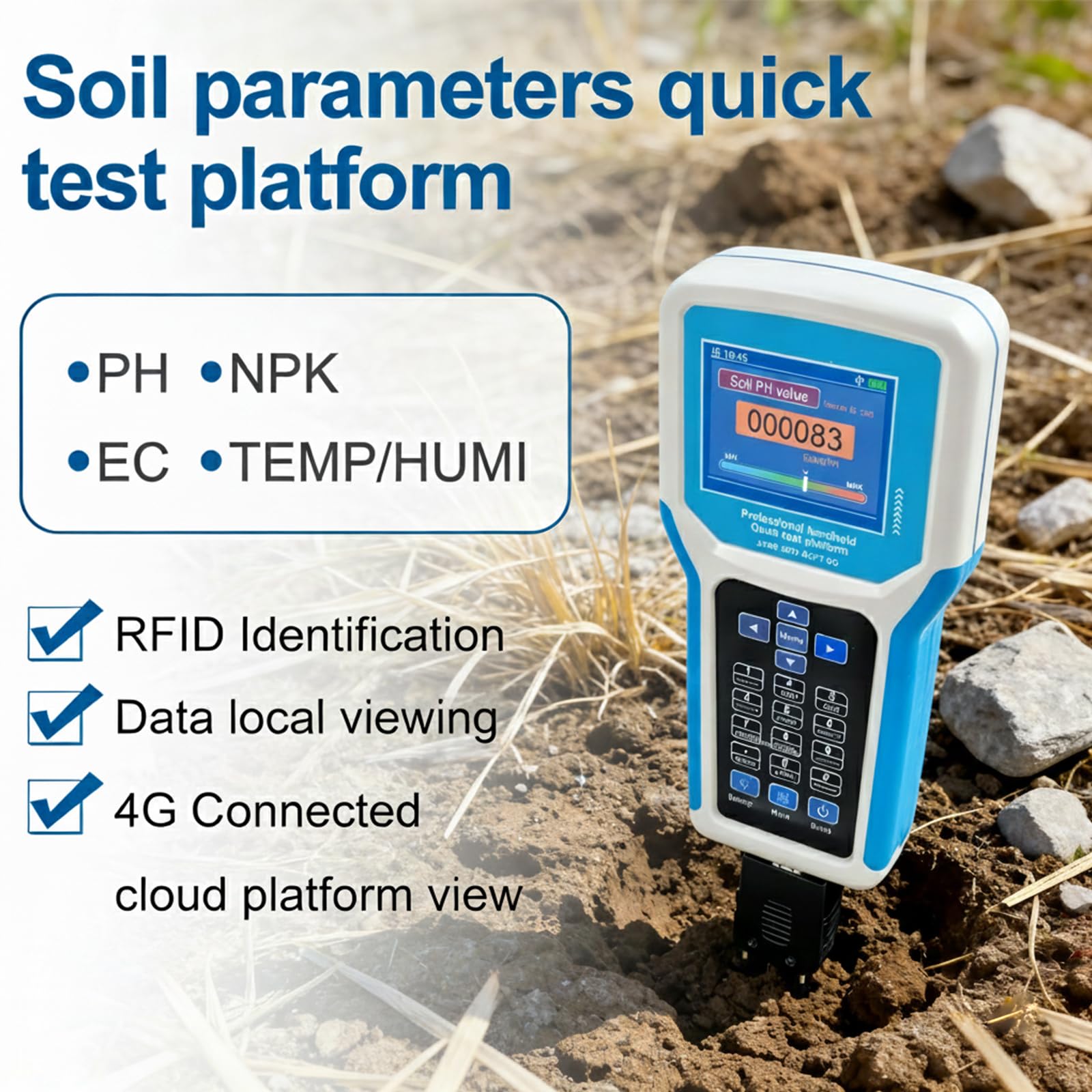 Testeur de sol numérique 7 en 1 pH, NPK, EC, humidité, température et humidité avec écran LCD couleur, enregistrement des données et export Excel pour l'agriculture et le jardinage