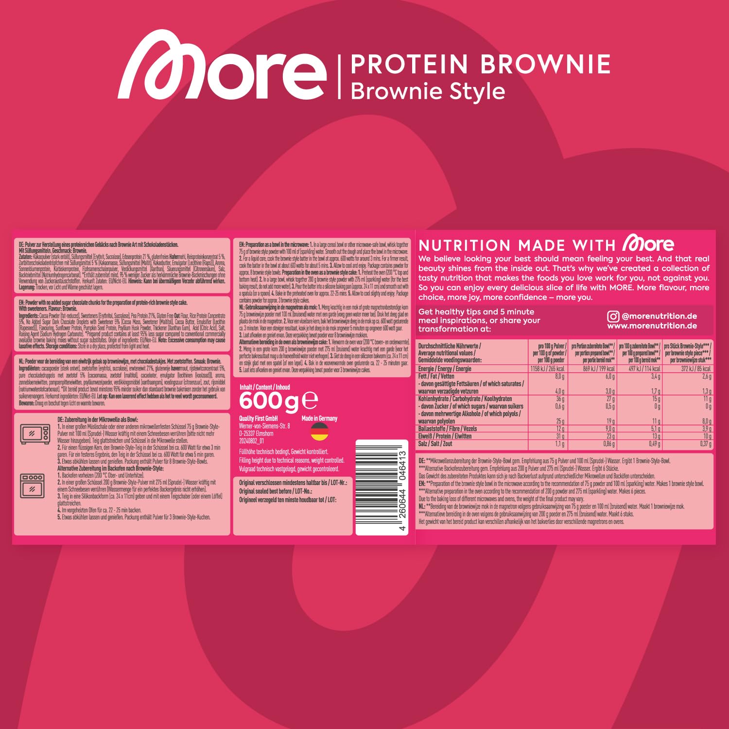 More Protein, Brownie Style Bowl, 600g, Backmischung für Protein Brownies, 23g Protein pro Portion, vegan