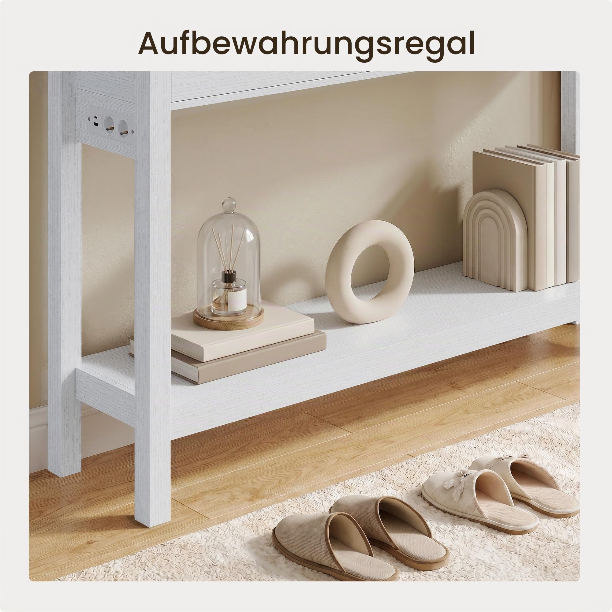 Xbro Schmaler Konsolentisch mit Steckdosenleiste, Flurtisch mit 3 Schubladen und Ablage, Beistelltisch mit USB-Anschlüssen, Sofatisch für Flur, Wohnzimmer, Küche, 130 x 30 x 80 cm, Weiß