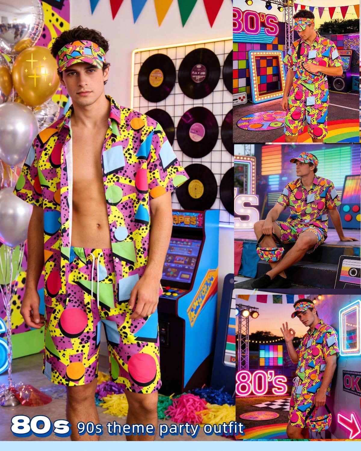 kasahara 80s 90s Outfit for Men Retro Hawaiian Shirts and Short Set Mens 80s Clothes 90s Costume Tracksuit with Visor - Image 2