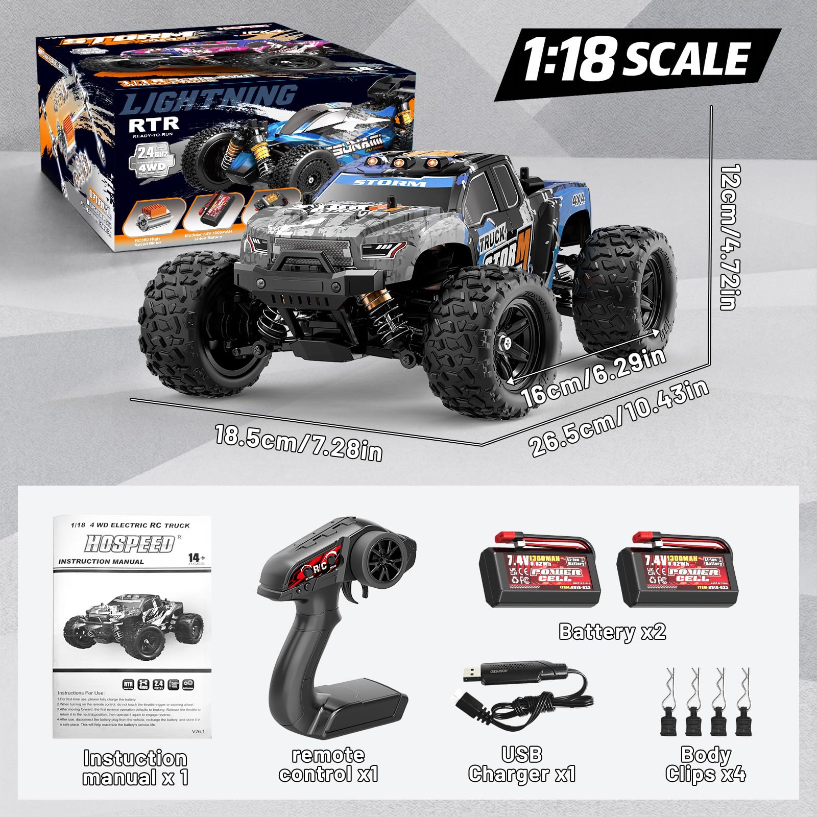 Coche radiocontrol 4x4 Todoterreno 1:18, Coche teledirigido RC 2.4GHz proporcional, 2 baterías 7,4V 1300mAh, transmisión metálica, para Mayores de 8 años y Adultos Principiantes