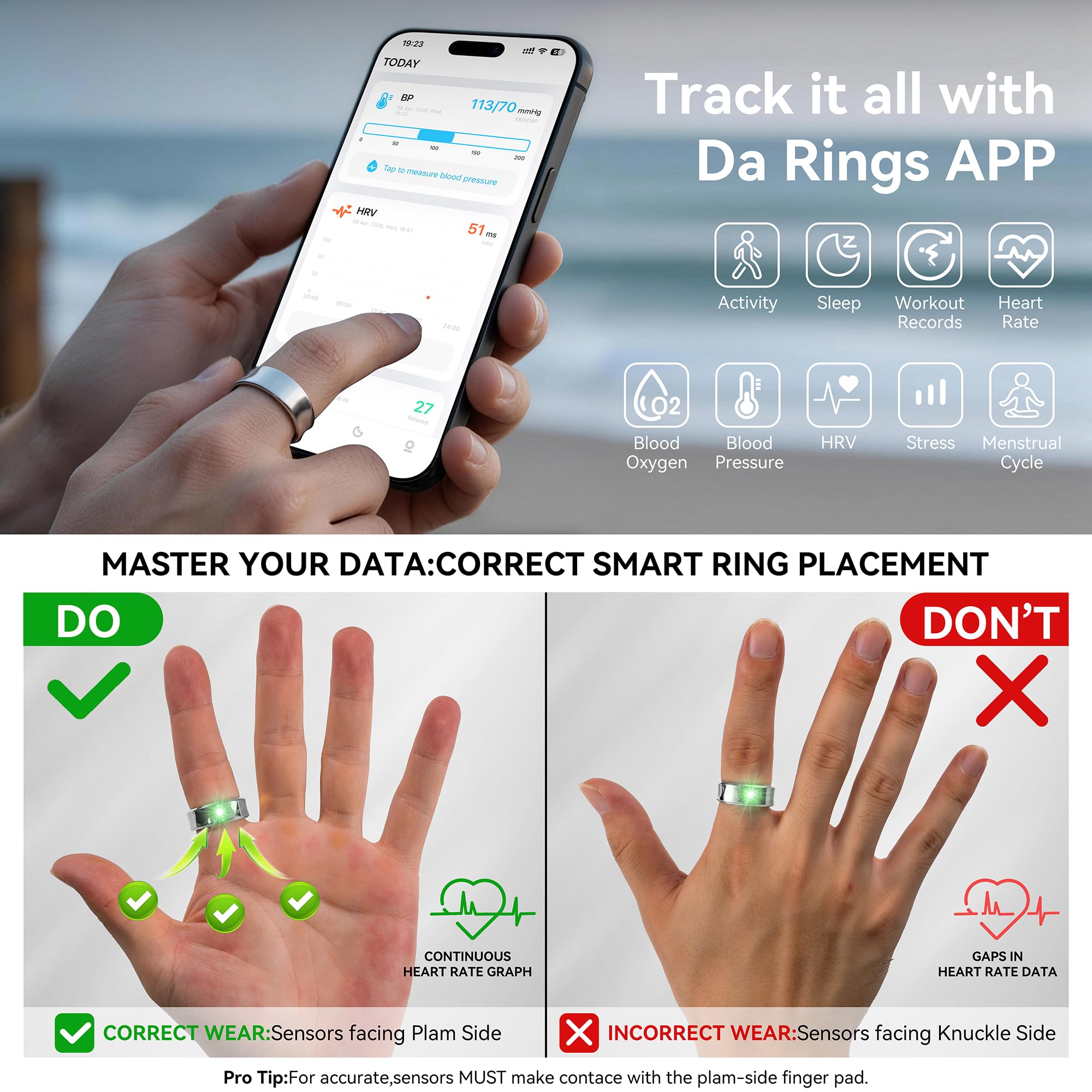 Ankink Bague intelligente pour homme et femme, étanche IP68, pas de frais | Moniteur de fréquence cardiaque 24h/24, 7j/7, rappel de stress et de cycle, SpO2, suivi du sommeil, pour Android et iOS