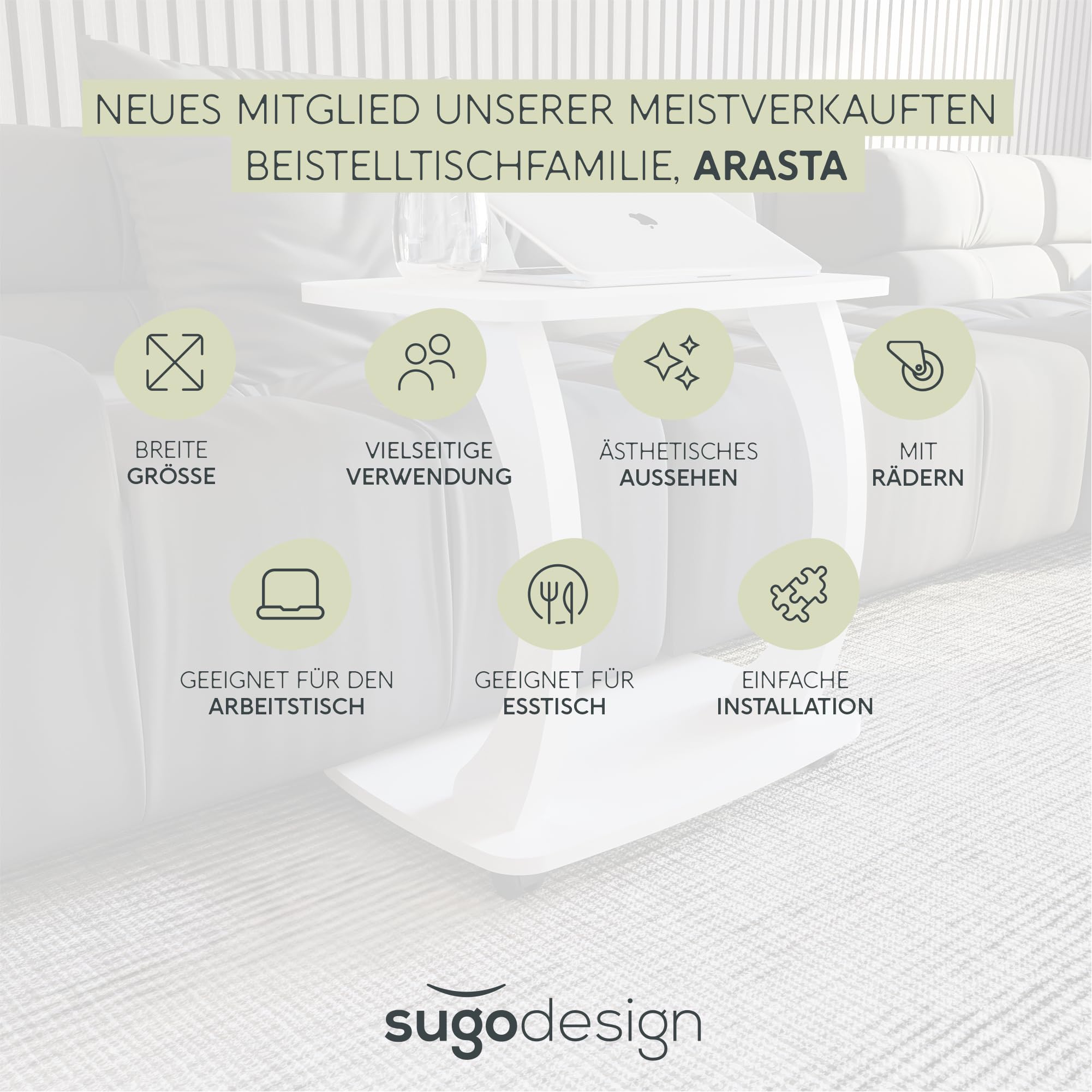 Beistelltisch Couch, mit Rollen, Laptoptisch für Couch, kleiner Wohnzimmertisch, Sofatisch in stylischem Weiß, kleiner Couchtisch fürs Wohnzimmer, ideale Ablagefläche für Laptops, Side table, Arasta