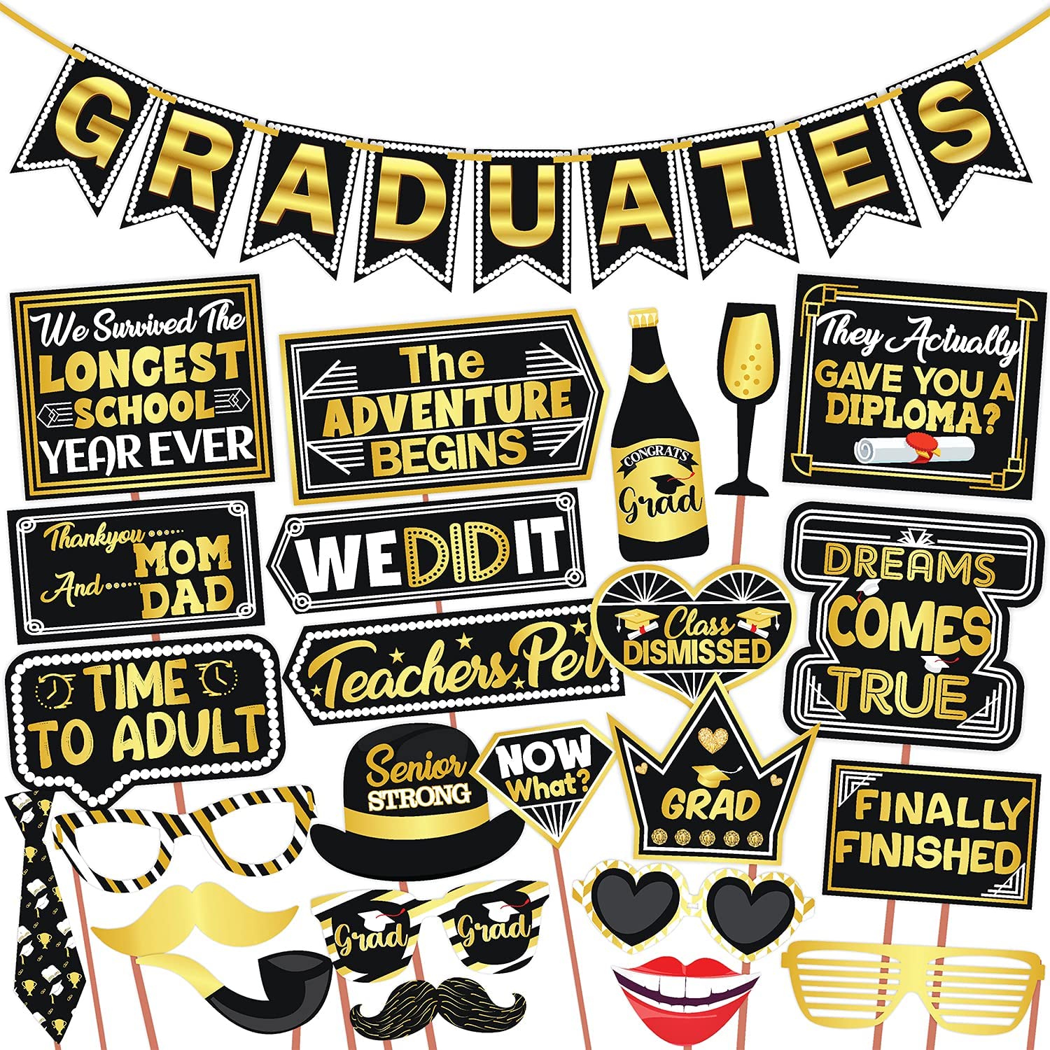 Wobbox Graduation Photo Booth Party Props With Graduate Bunting Banner, Golden & Black, Party Decoration Items