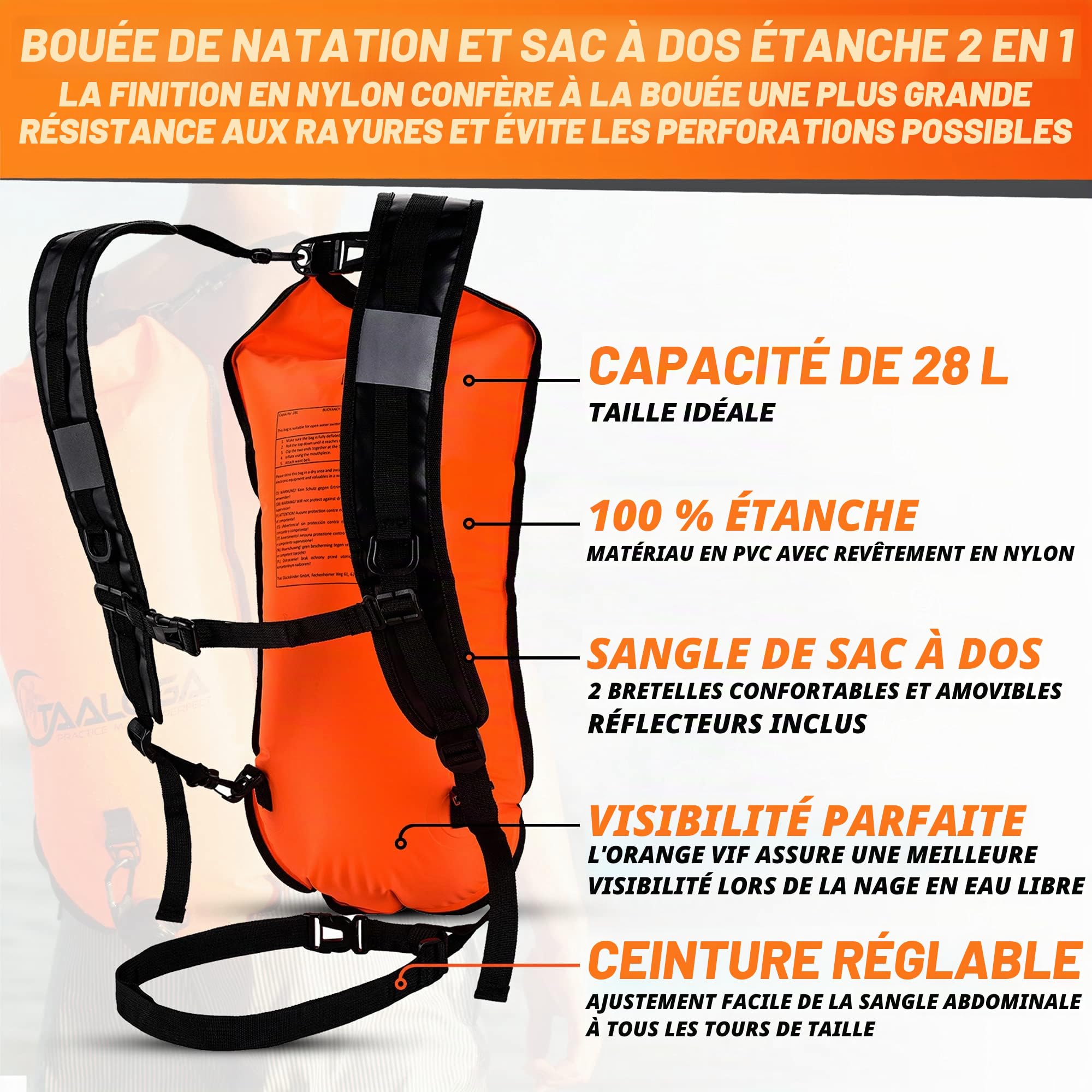 TAALOGA® Bouée de natation 2 en 1 et sac à dos étanche | Sac sec | Open Water Swim | Idéal pour la natation en eau libre | SUP | Voile | Canoë | Entraînement de triathlon