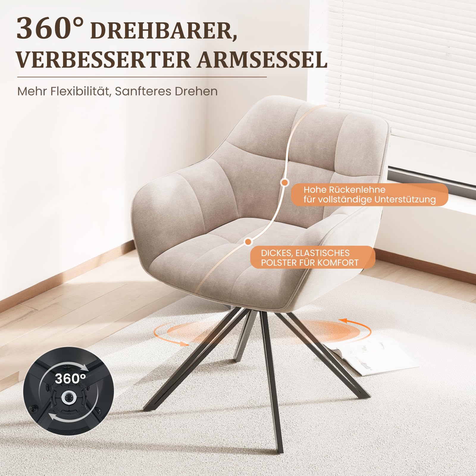 COLAMY Drehstühle für Esszimmer, 4er Set, Drehbare Polsterstühle mit Armlehnen und Rückenlehne, Bequeme Küchenstühle für Wohnzimmer & Essbereich, Beige