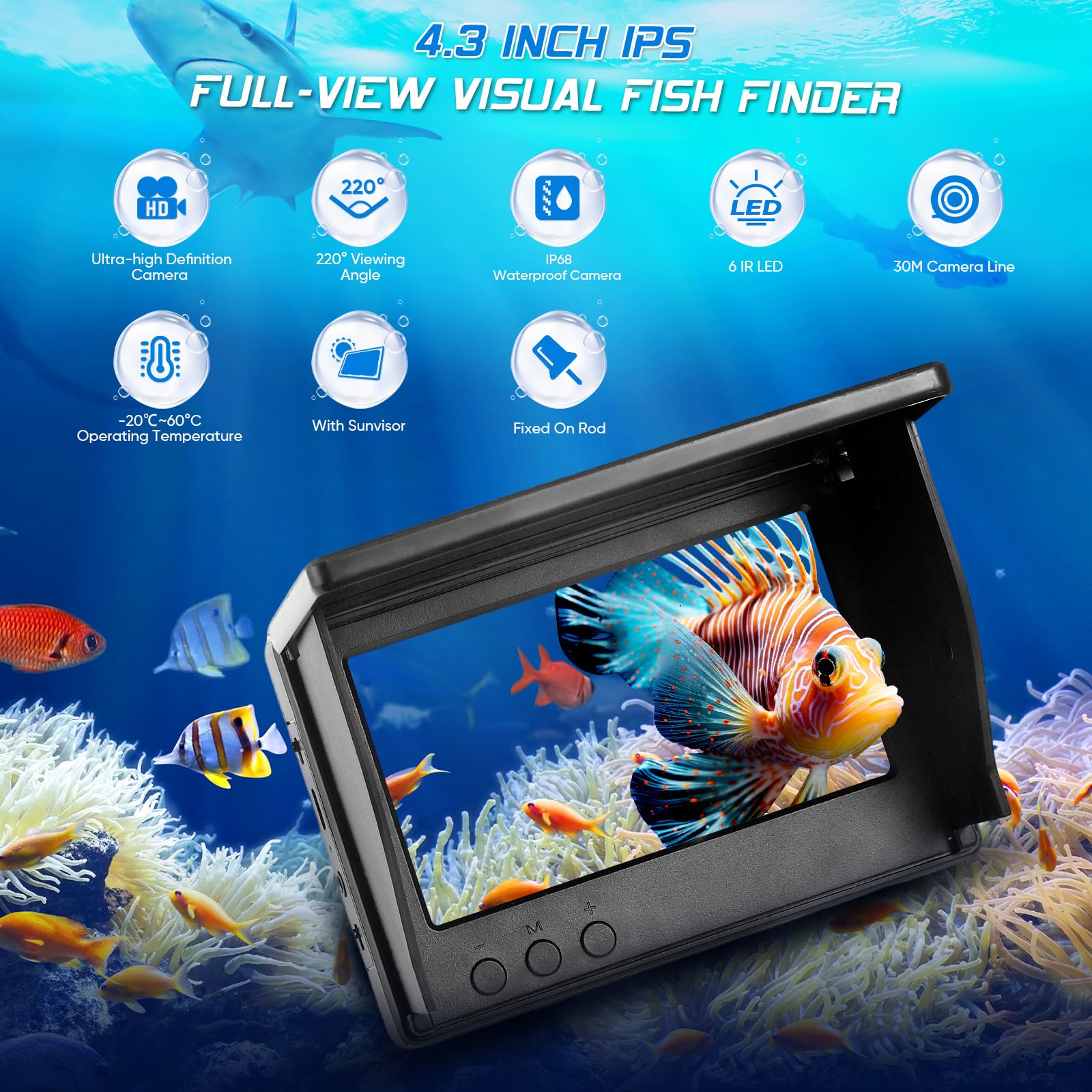 Rilevatore di pesca, fotocamera subacquea, sensore di pesca, display HD da 4,3 pollici, visione notturna, batteria al litio da 5000 mAh, fotocamera HD, impermeabile IP65, diverse lingue
