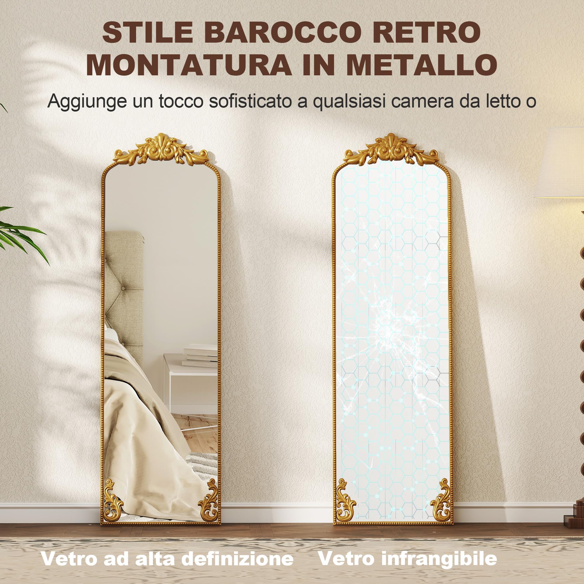HOMCOM Specchio da Terra Stile Barocco 50x160 cm Parete Autoportante Oro | Figura Intera, Cornice in Metallo, Camera da Letto, Soggiorno, Ingresso