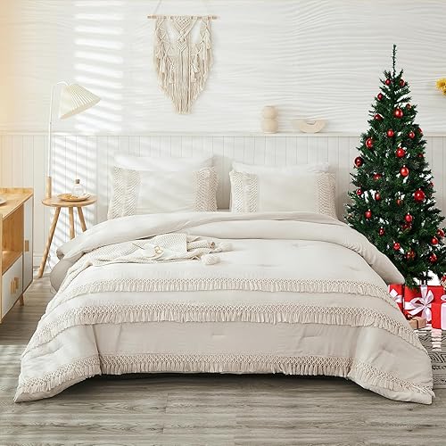 Juego de edredón bohemio con borlas color beige y gris juego de ropa de cama con borlas triples anudadas con flecos microfibra suave tamaño King 1