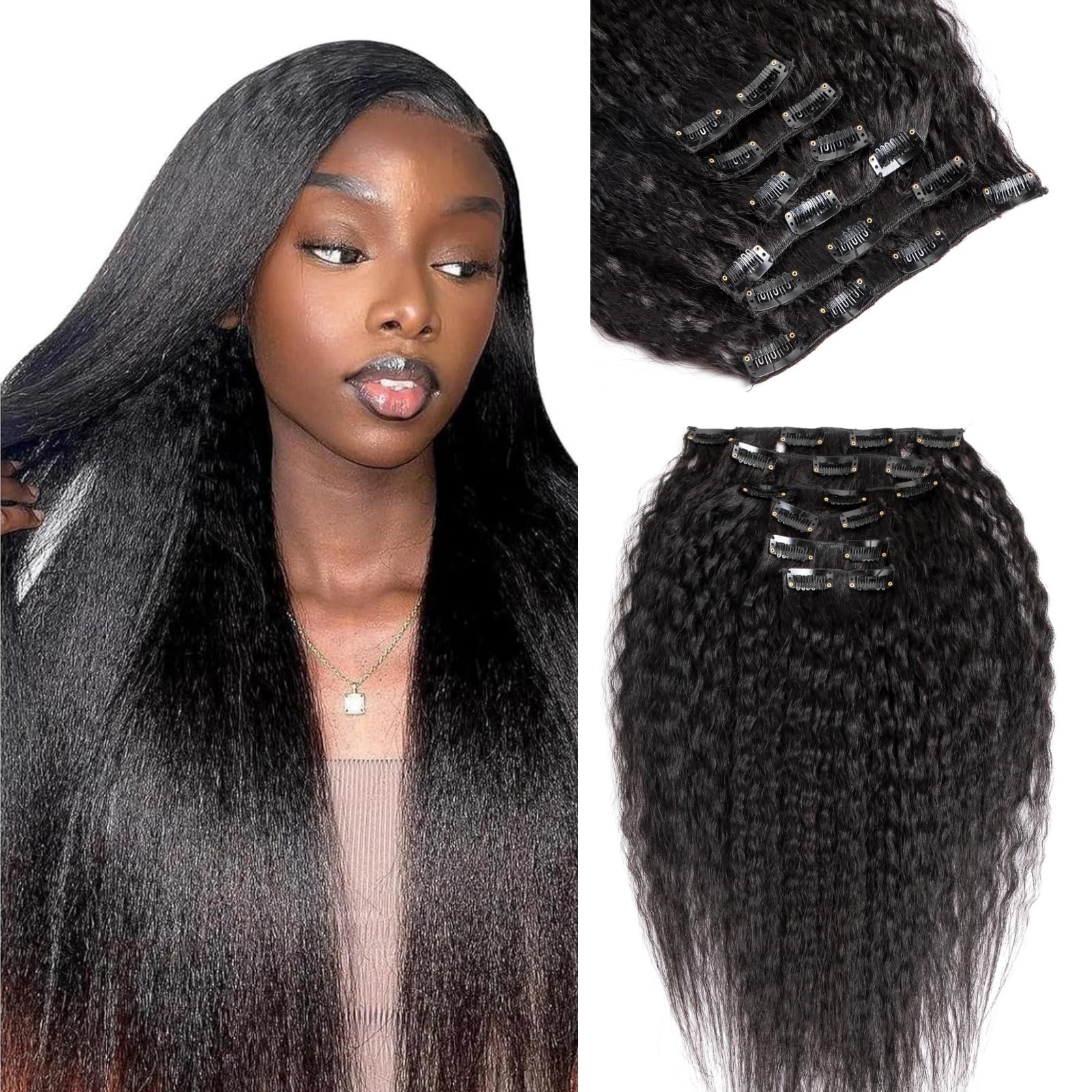 26 Inch Kinky Straight Clip in Hair Extensions Real Human Hair for Black Women Full Head 8A Brazilian Real Hair Yaki Human Hair Clip ins Natural Color 6 pcs 16 clips