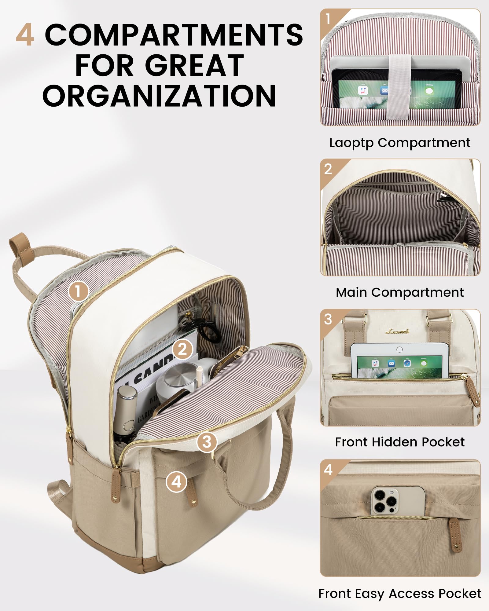 LOVEVOOK Zaino Porta PC Donna, 15.6 Pollici Zaino da Viaggio Scuola Università Grande, Impermeabile Zaino Lavoro Ufficio Antifurto Elegante, Computer Laptop Travel Backpack Waterproof Cachi