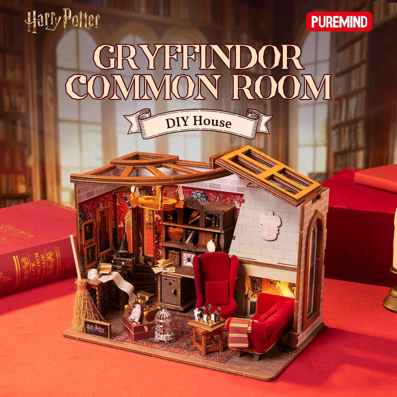 PUREMIND Harry Potter Pokój Gryffindoru, puzzle 3D, oficjalna licencja | Oświetlenie, ruchome elementy, szczegółowa scena Hogwartu, model do montażu, dekoracja na półkę lub do witryny