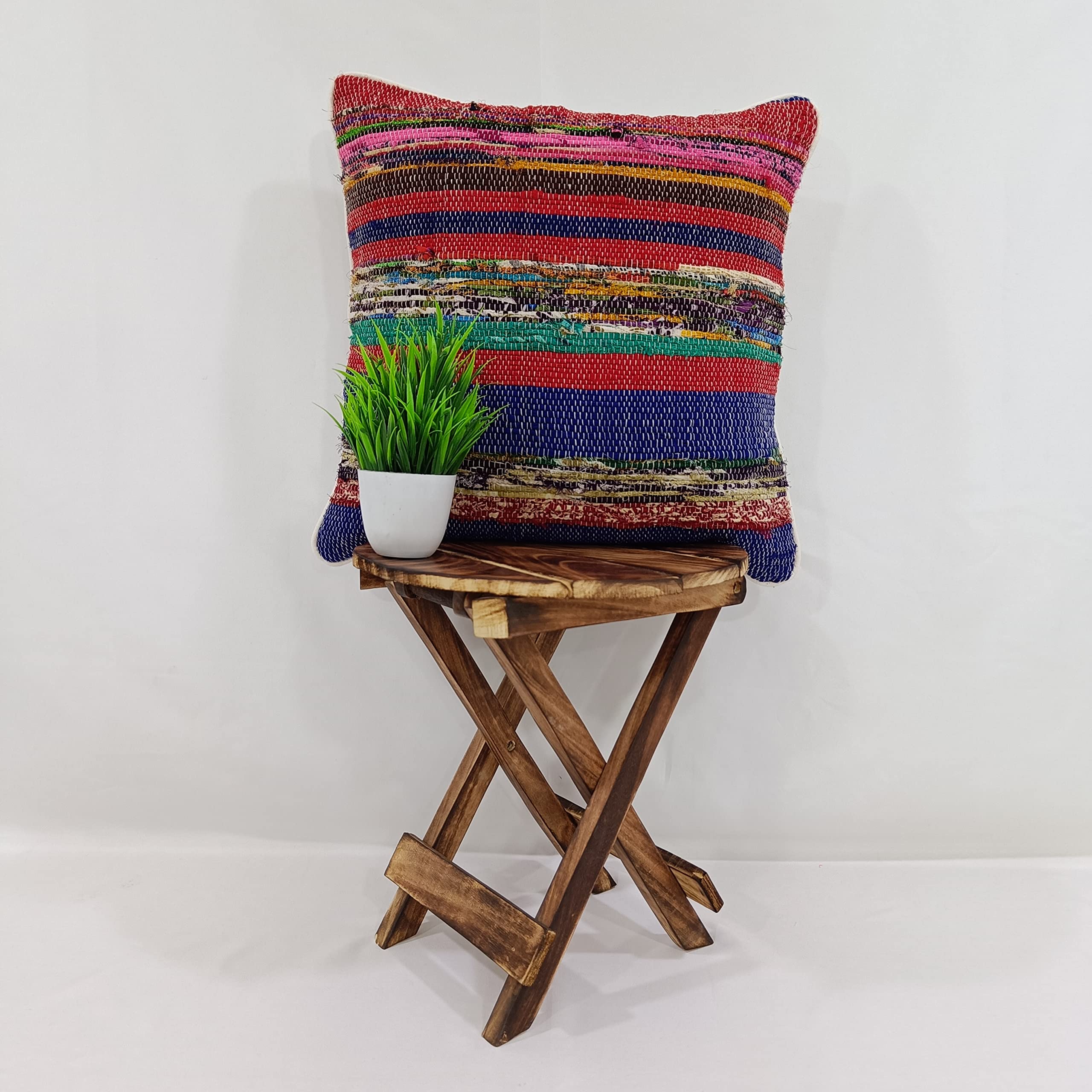 Recycled Fabric Pillow Cover - 16x16 Inches, Hand Loomed, Multi-Color Ethnic Pattern (Cover Only)