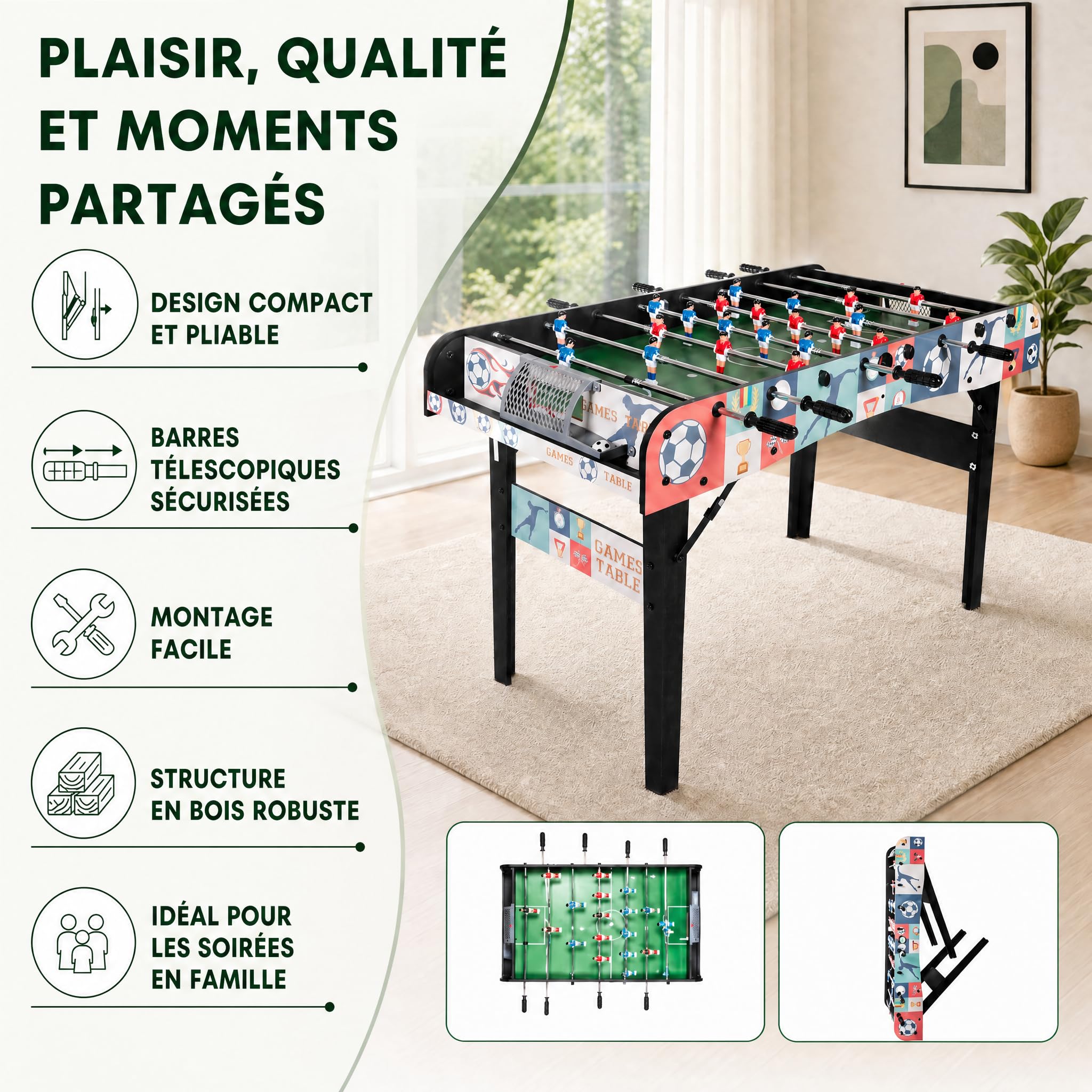 Baby-Foot Pliable 121cm, Table Foot Intérieur Barres Télescopiques