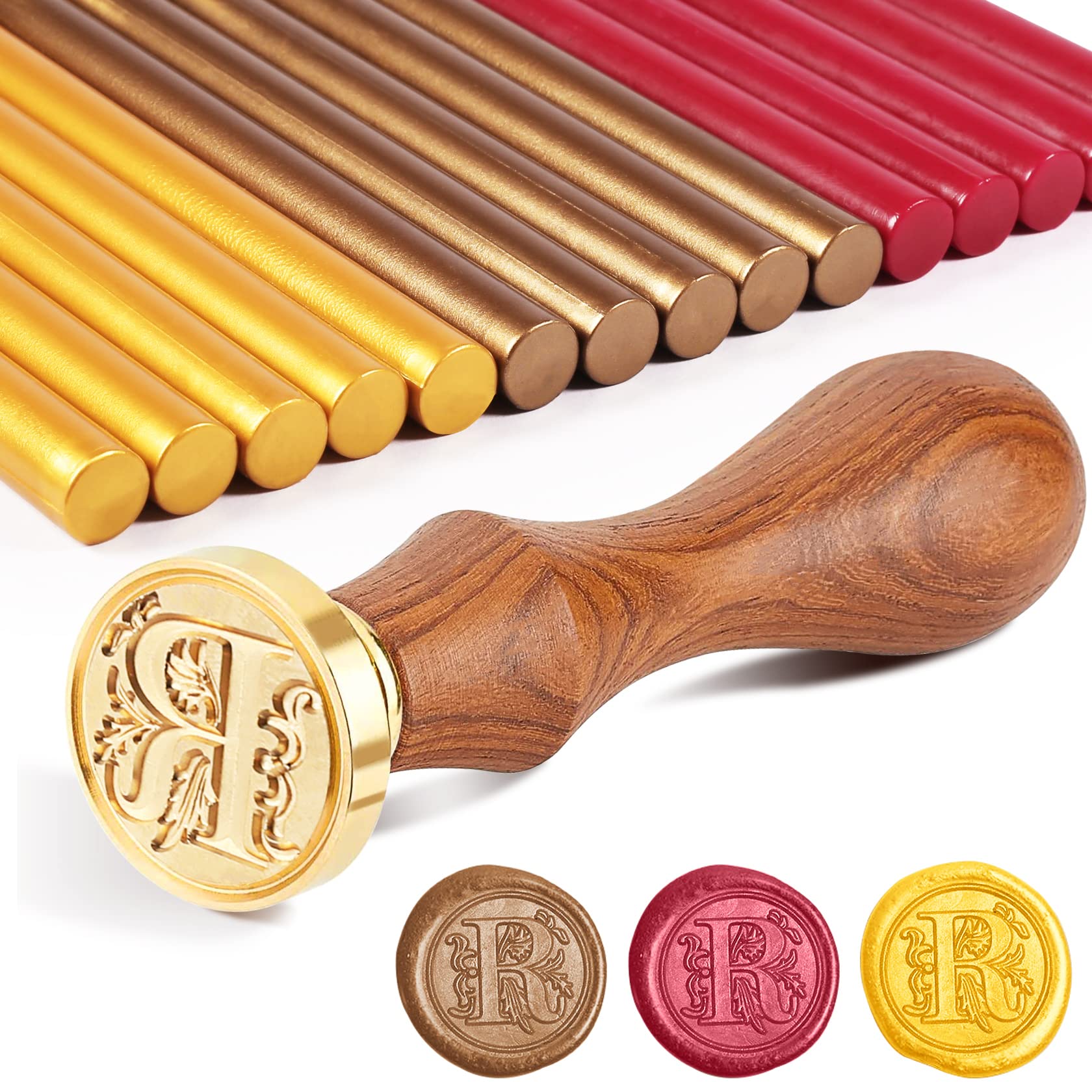Pack of 15 sealing wax with 1 wax seal stamp, sealing wax set for envelopes/invitations/cards/gift/retro wax seal - "R" stamp