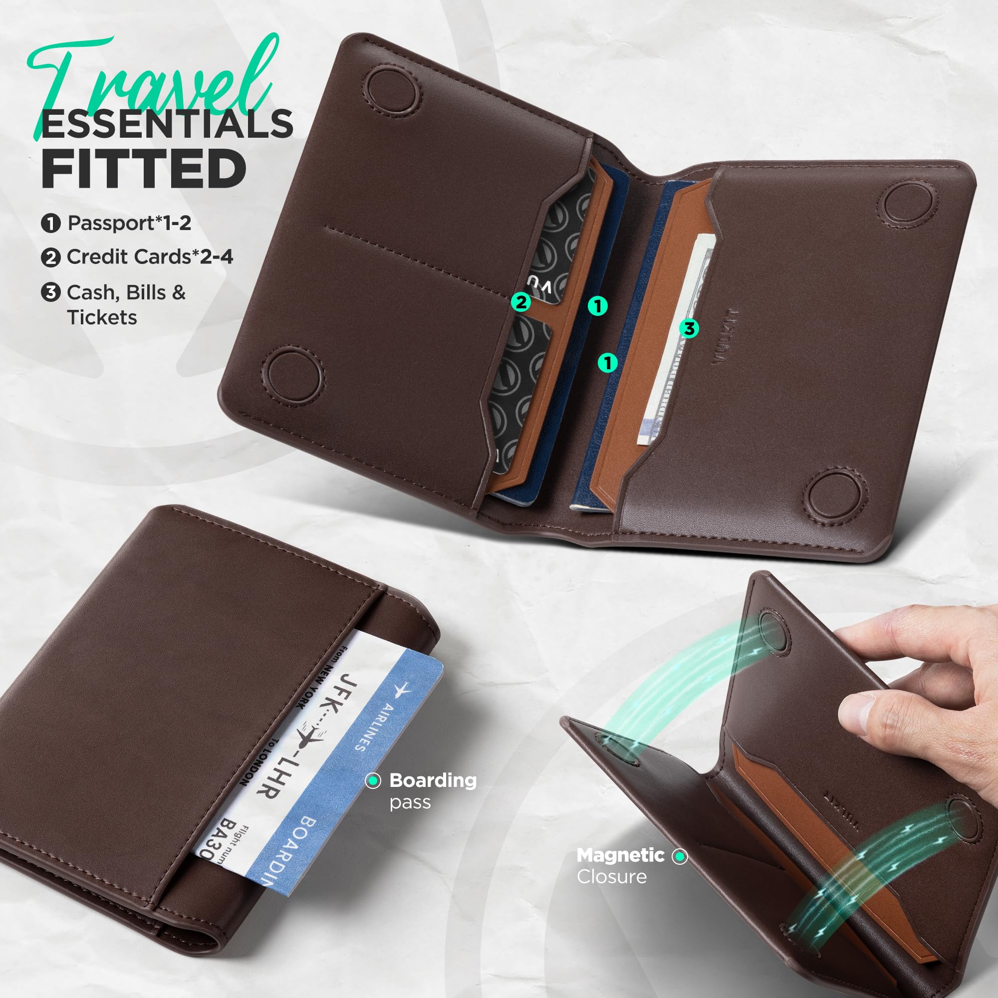 VULKIT Portapassaporto in Pelle con Blocco RFID Portafoglio per Passaporto Compatto con Chiusura Magnetica