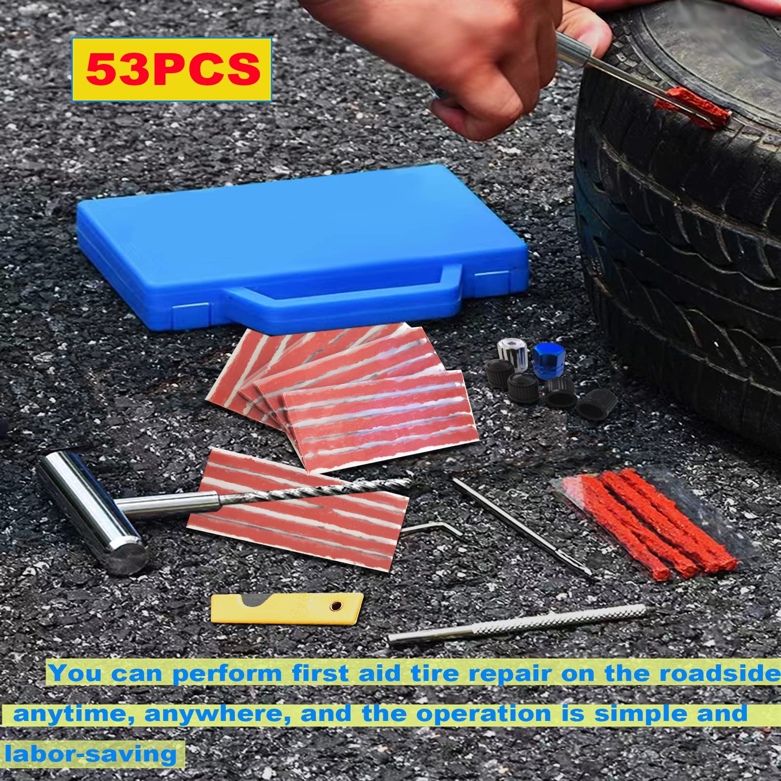 53PCS Kit Repara Pinchazos Herramienta, kit de Reparación para Neumáticos Pesados, kit de emergencia portátil de reparación rápida de neumáticos para coches, todoterrenos, moto y más