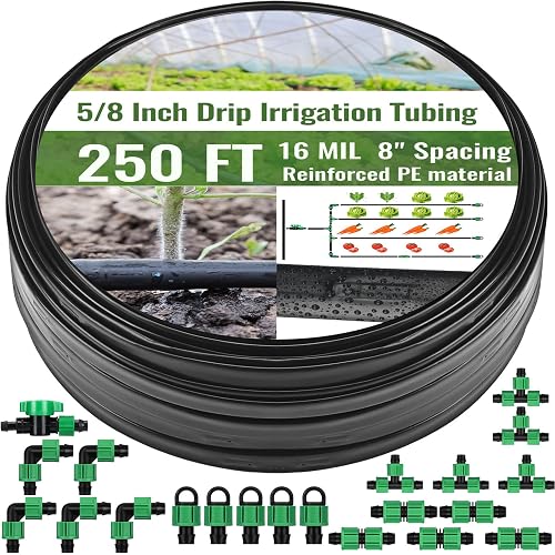 250 ft 5/8 Inch Drip Tape Irrigation Kit Drip Tape 16 Mil 8" Spacing Hose Garden Watering Tubing System Automatic Irrigation Equipment for Plant, Landscape, Yard, Lawn and Farm