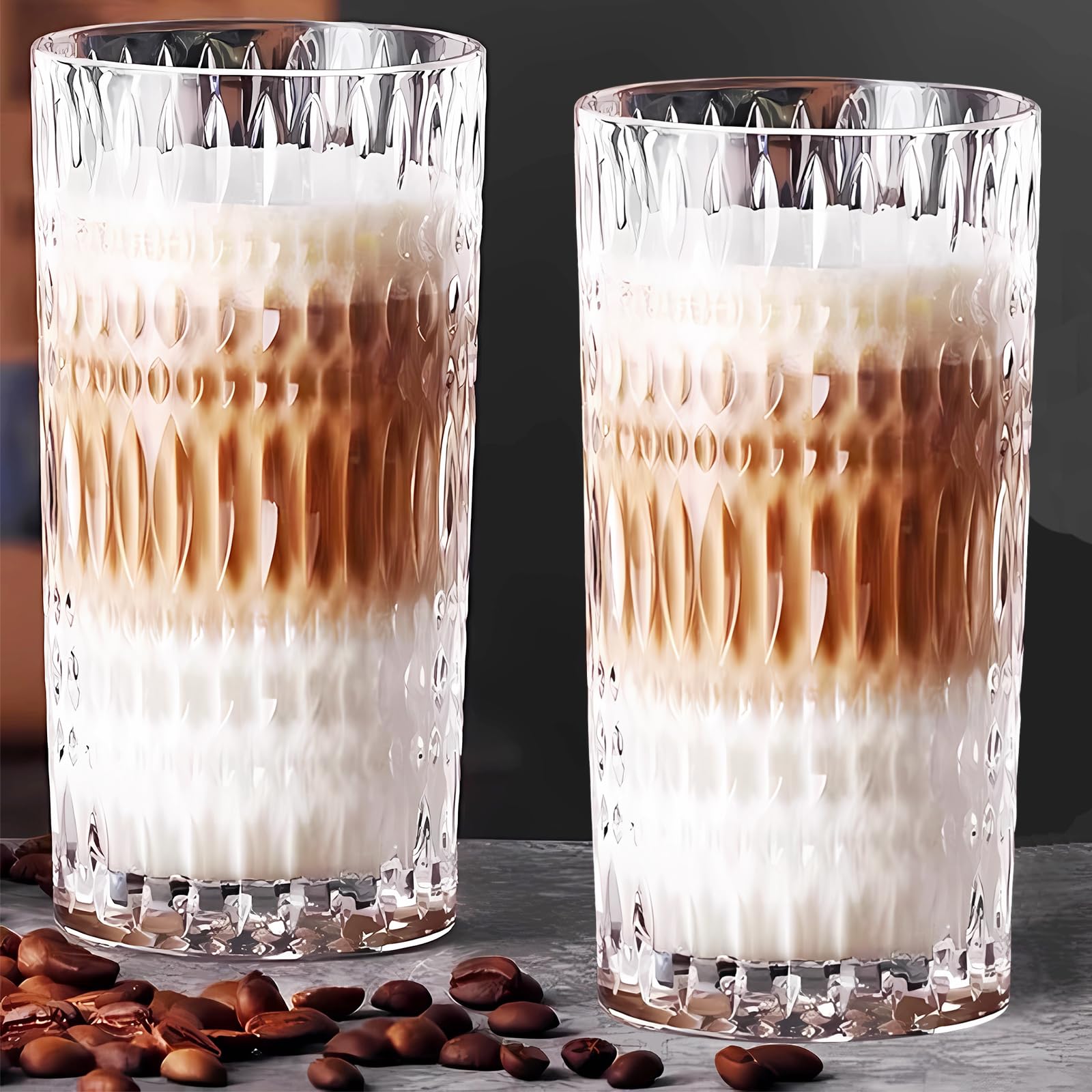Ework4U 2 Stück Boho Eiskaffee Gläser Tassen, 414 ml dickes Trinkglas-Set, Gläser für Eis-Latte, Cocktailgläser, Glas für Milch, Fruchtsaft, ideal für Wasser, Limonade, Tee, Geschenk
