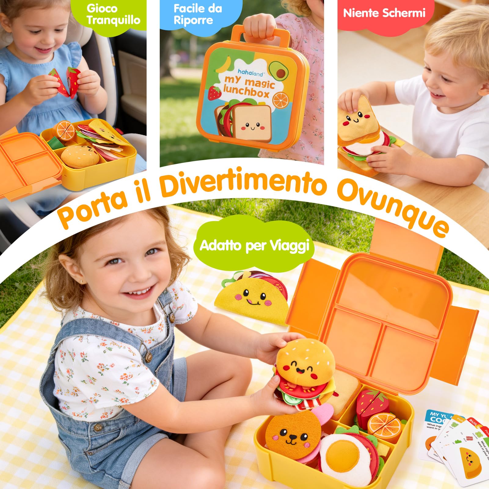 hahaland Cucina Giocattolo per Bambini, 43 Pcs Set Cucina Bambini 3-5 Anni | Giochi Montessori, con Cibo, Menu & Scatola, Facile da Riporre & Trasportare, Regalo Educativo Bimbo Bimba