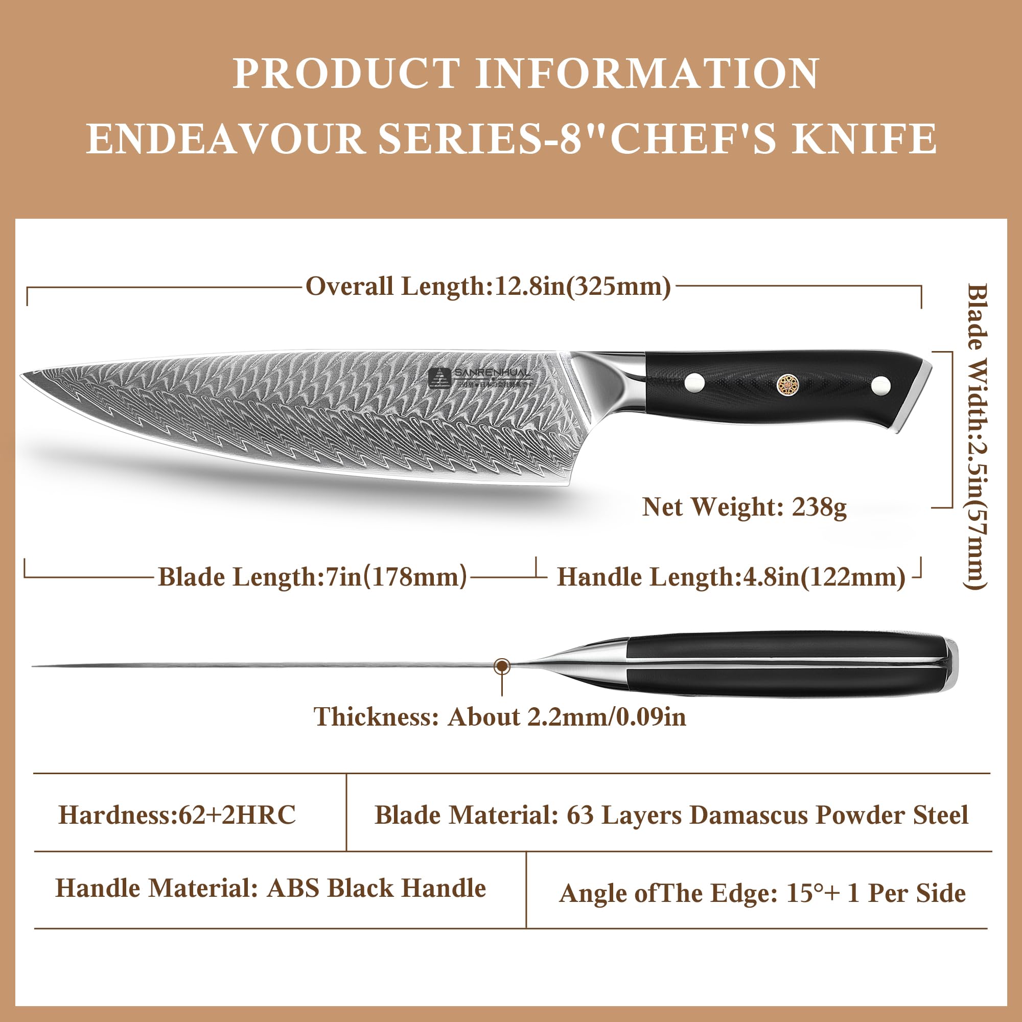 Coltello da chef Damasco da 20cm, coltello da cucina in acciaio ad alto tenore di carbonio a 67 strati, coltelli da chef giapponesi ultra affilati, coltello da chef da cucina professionale