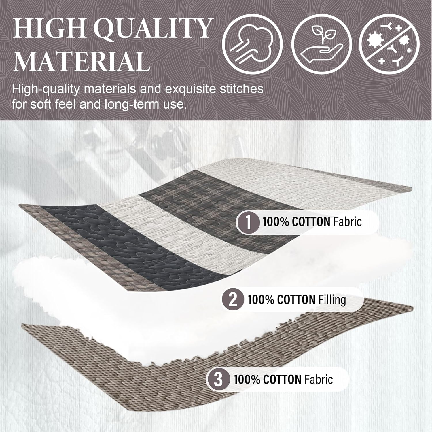 SahSahCasa Quilt Set Queen Size, 100% Cotton, Queen Comforter Set, Striped Quilted Bedspreads, Farmhouse Queen Bedding Set, Reversible Lightweight Bed Spread for All Season, Brown/Beige/Gray/Cream - Image 6