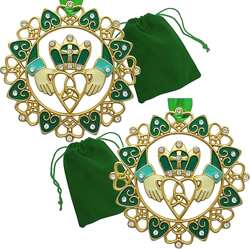 Adorno de Navidad irlandés, juego de 2, diseño Claddagh dorado con joyas y esmalte, caja de regalo con dicho irlandés, bolsa de almacenamiento