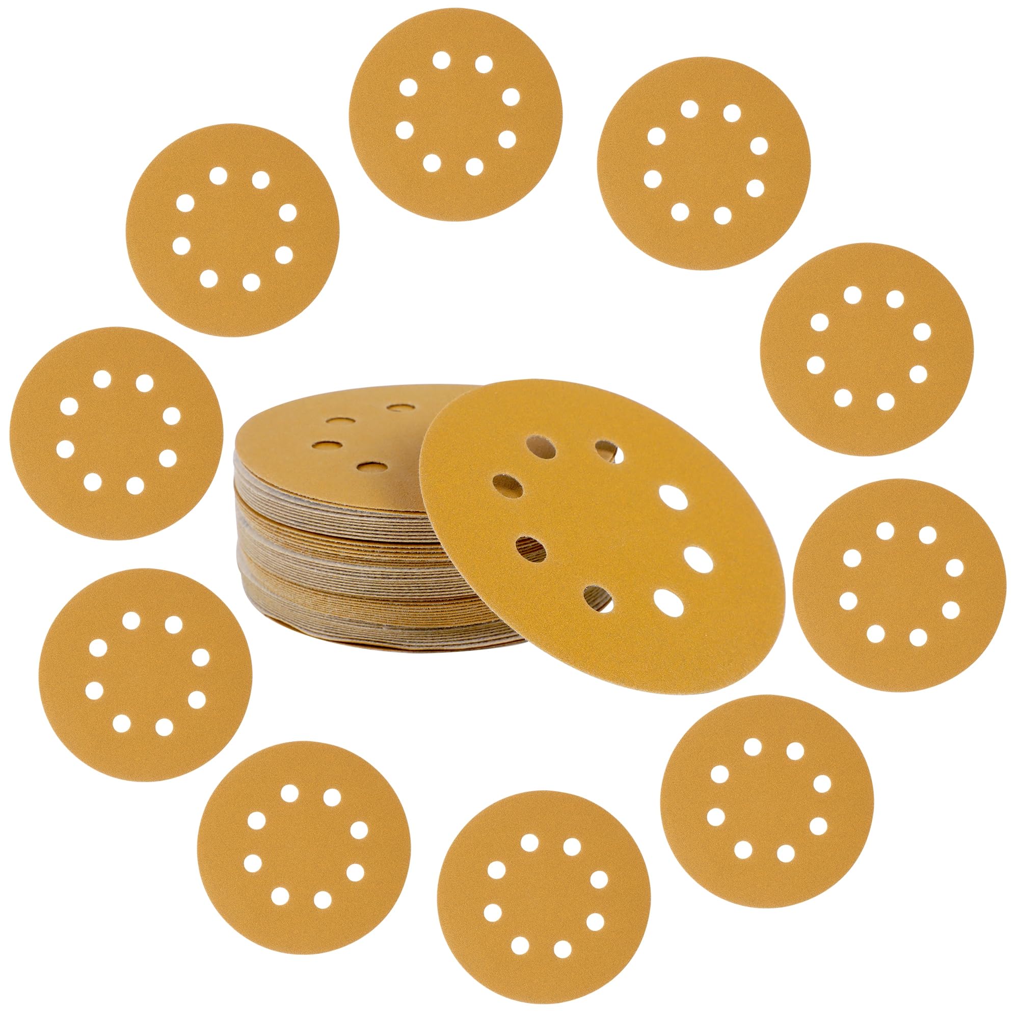 Mestool 5-Inch 8-Hole Hook and Loop Gold Sanding Discs, Pack of 50 Sandpaper, 180-Grit