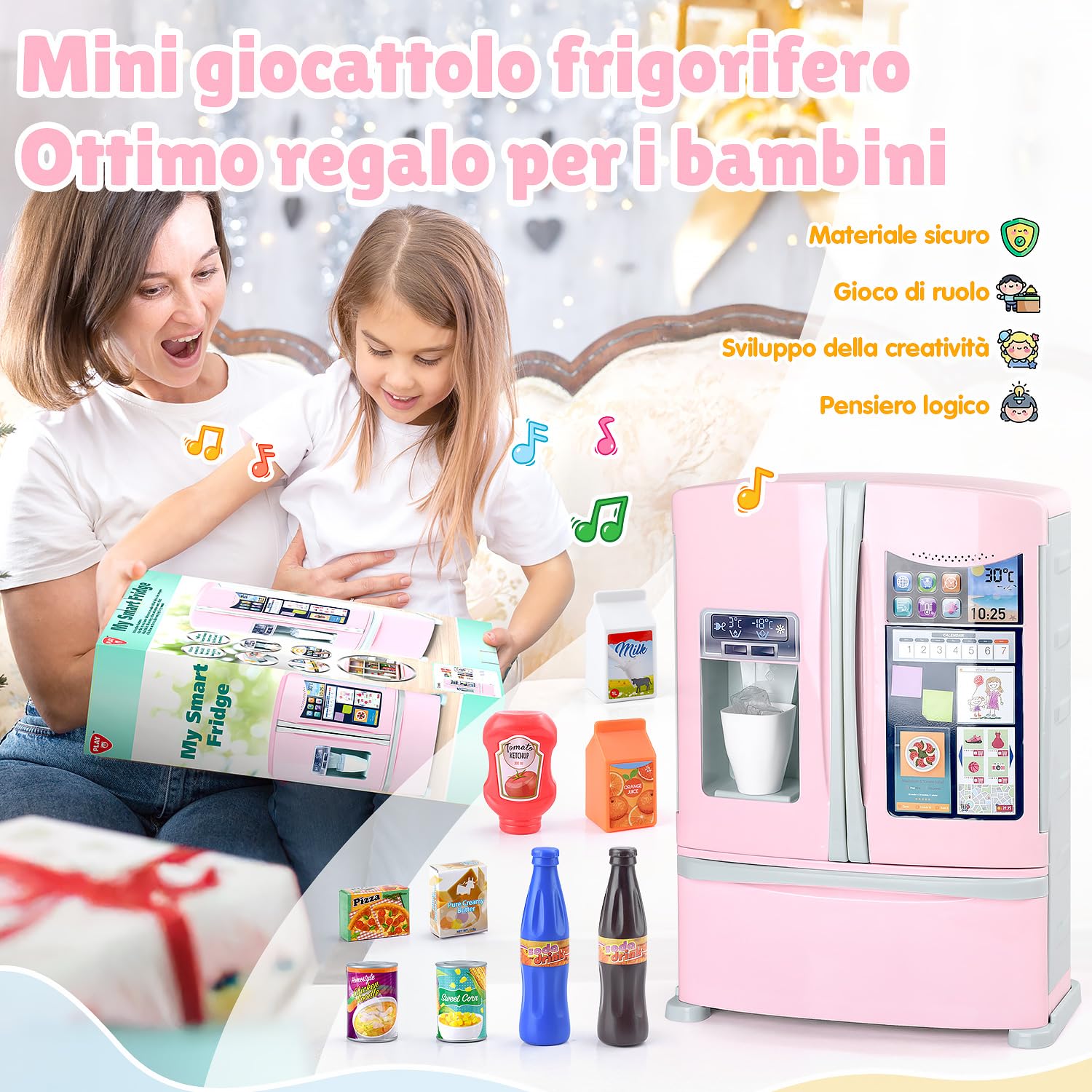 PLAY Set di accessori da cucina per bambini, frigorifero con dispenser di ghiaccio, set di accessori da cucina con frigorifero per bambini, giocattolo alimentare, cubetti di ghiaccio, utensili da