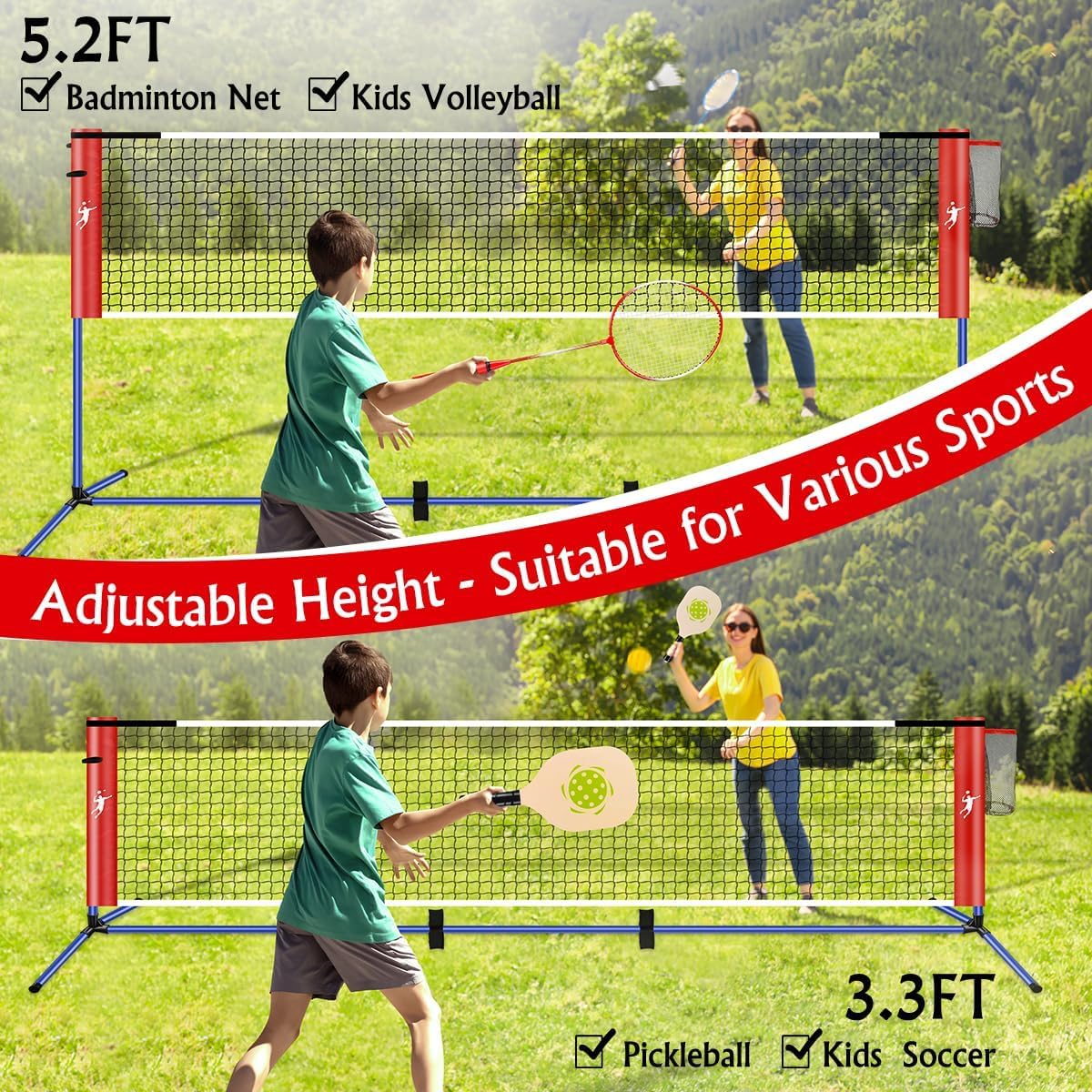 Redes de Badminton, Red Voleibol Portátil, Juego de Red Pickleball Altura Ajustable, Set Portátil para Tenis y Fútbol con Paletas de Raquetas Badminton, para Juegos en Interior y Exterior