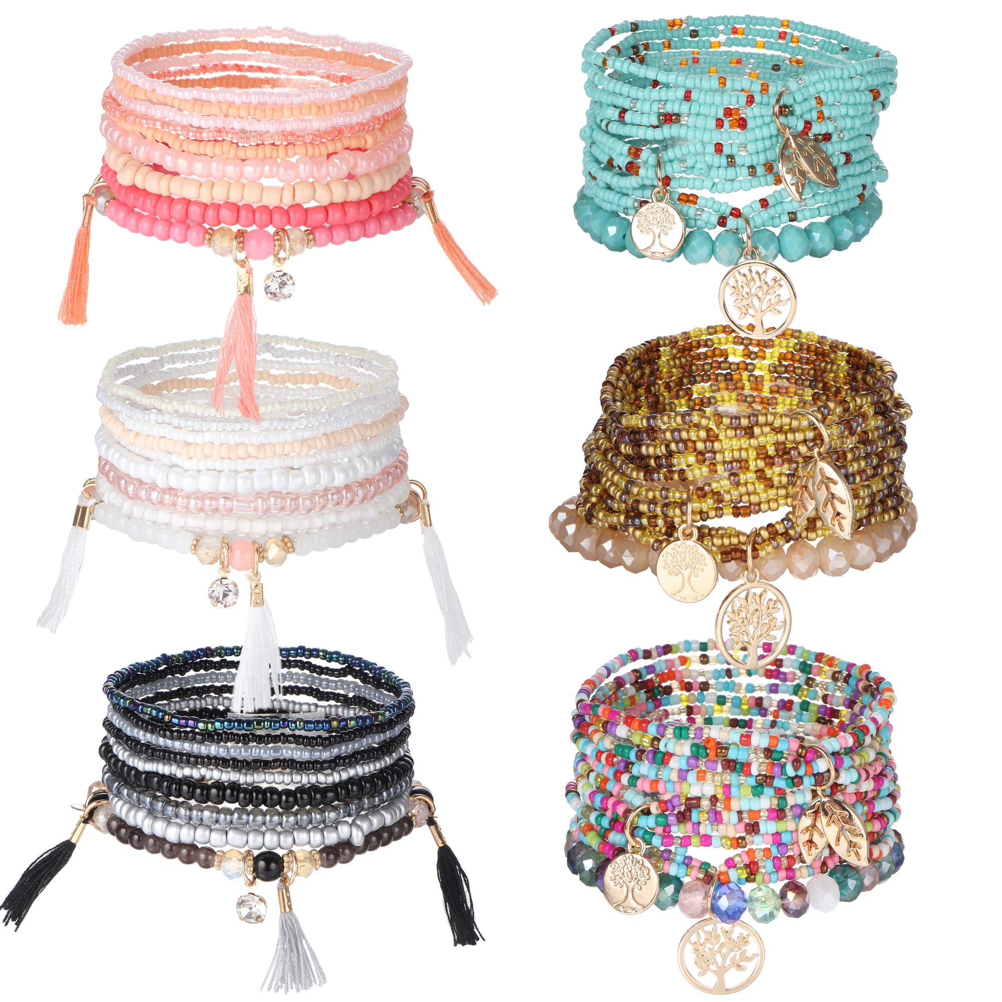Udalyn 6 Sets Bohemian Stackable Bead Bracelets for Women Men Multilayered Bracelet Set Pendant Charm Stretch Bangles