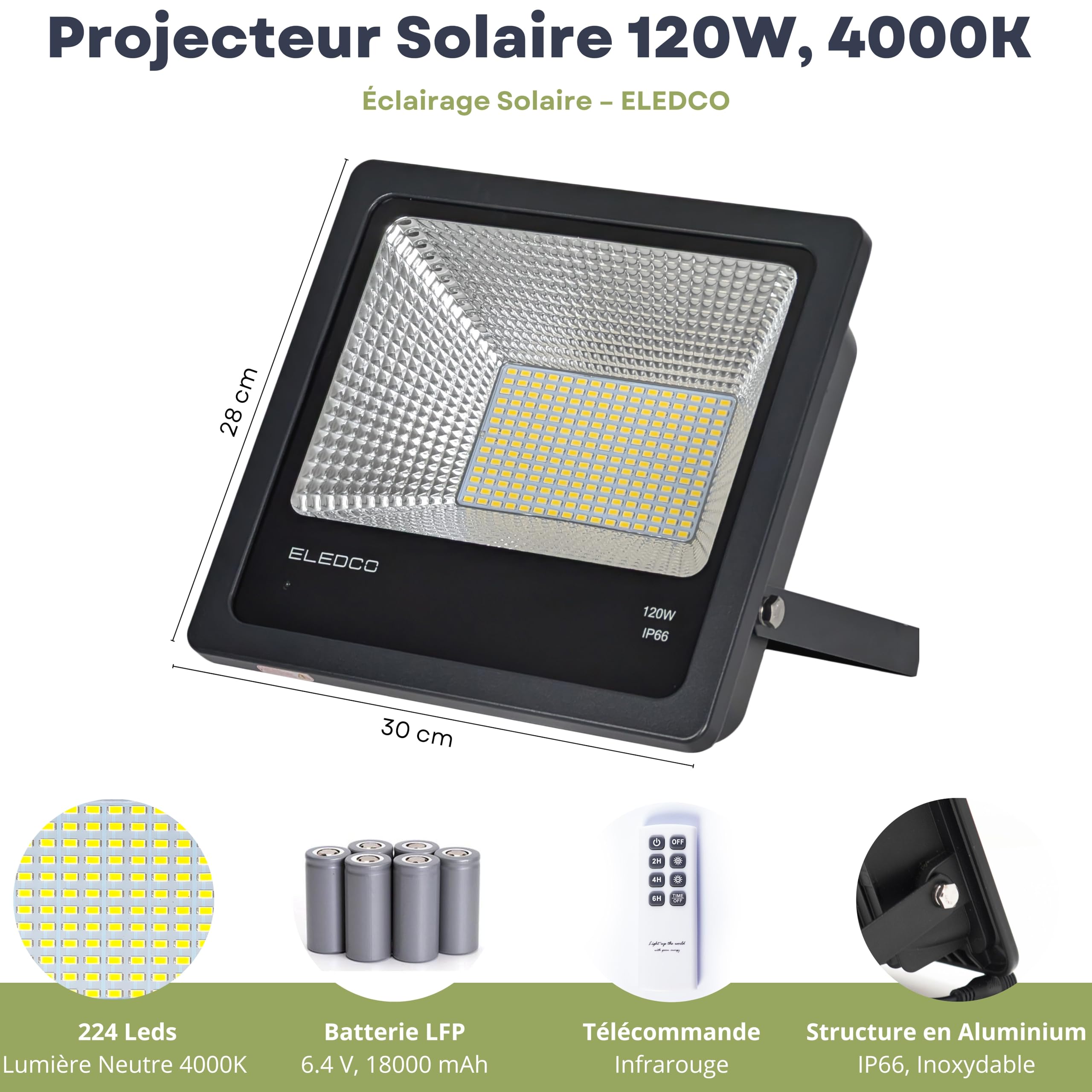 Projecteur Solaire LED 120W avec Télécommande – 224 LEDs Puissantes, Blanc Neutre 4000K, Éclairage Extérieur IP66, Autonomie 8–15h
