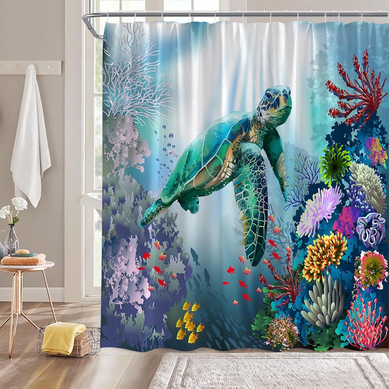 Ocean Turtle Extra Long Shower Curtain,Sea Animal Coral Seaweed Underwater Tropical Fish Sea Biological Marine Life Blue Bathroom Home Curtain Decor with Hooks,70x78 Inch