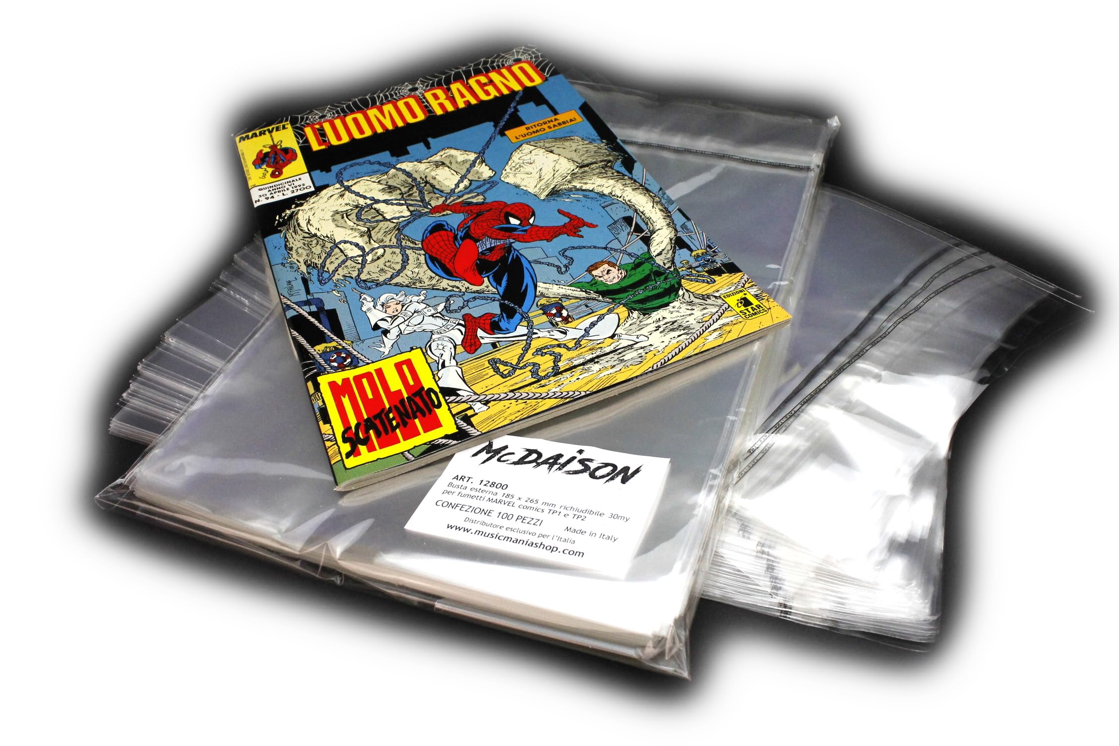 MC DAISON 100 pezzi Busta bustina copertina richiudibile 18,5 x 26,5 +3 cm per fumetti Marvel Comics (Tp1 e Tp2) Uomo Ragno, Lanterna Verde, Fantastici 4, Batman, Superman... Made in Italy