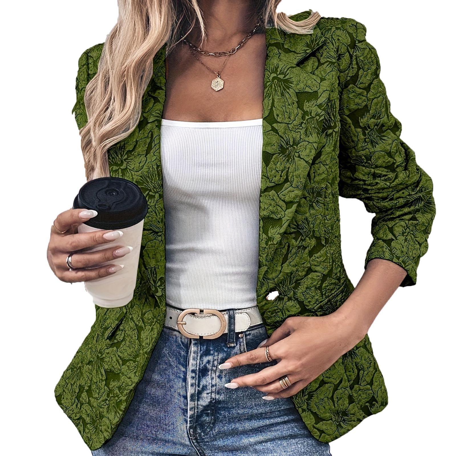 Womens Cropped Blazer Lapel Open Front Slim Suit Jackets Fashion Print Dressy Fall Business Office Cardigan Outfits
