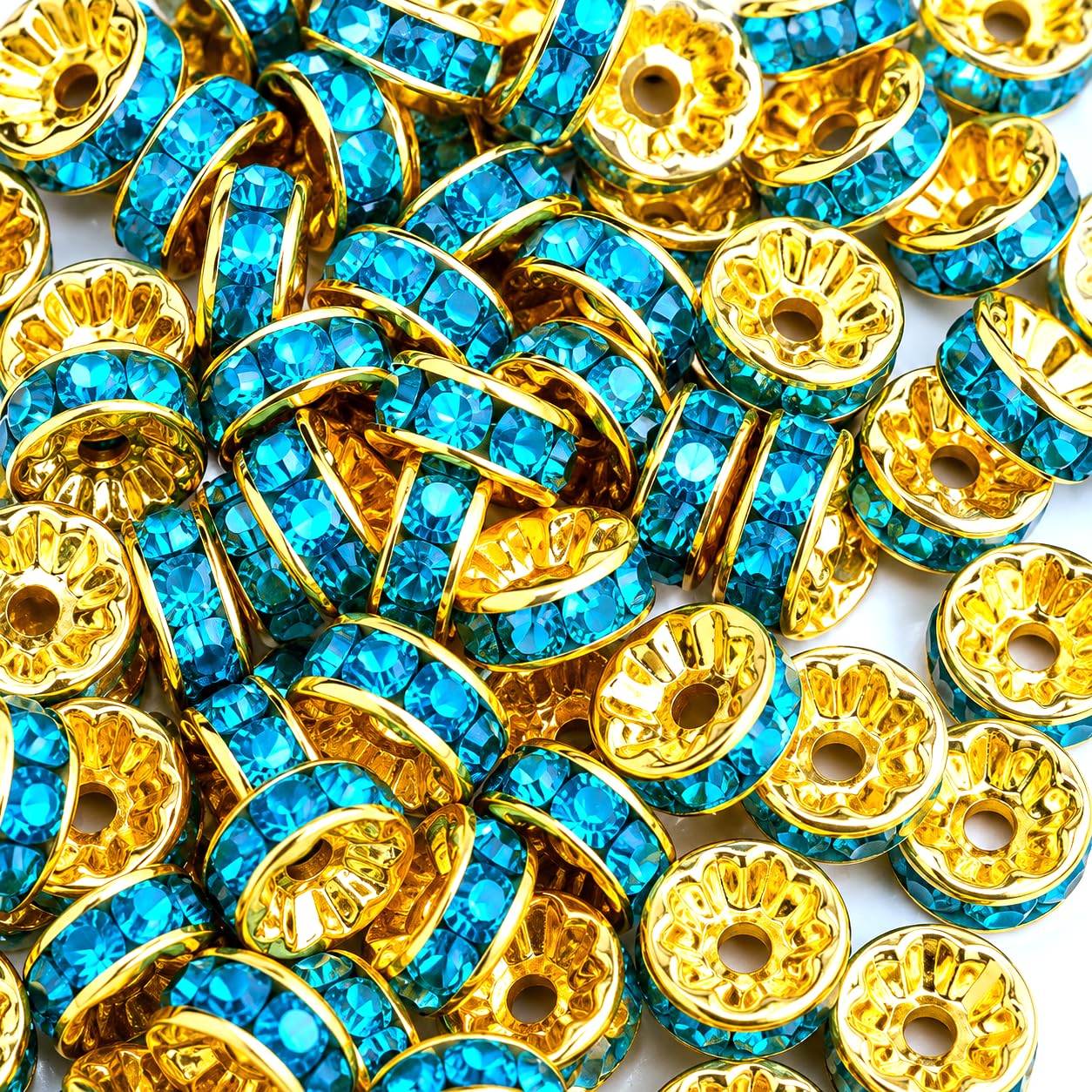 100pcs Glass Rhinestone Rondelle Spacer Beads, Gold Sky Blue, 8mm