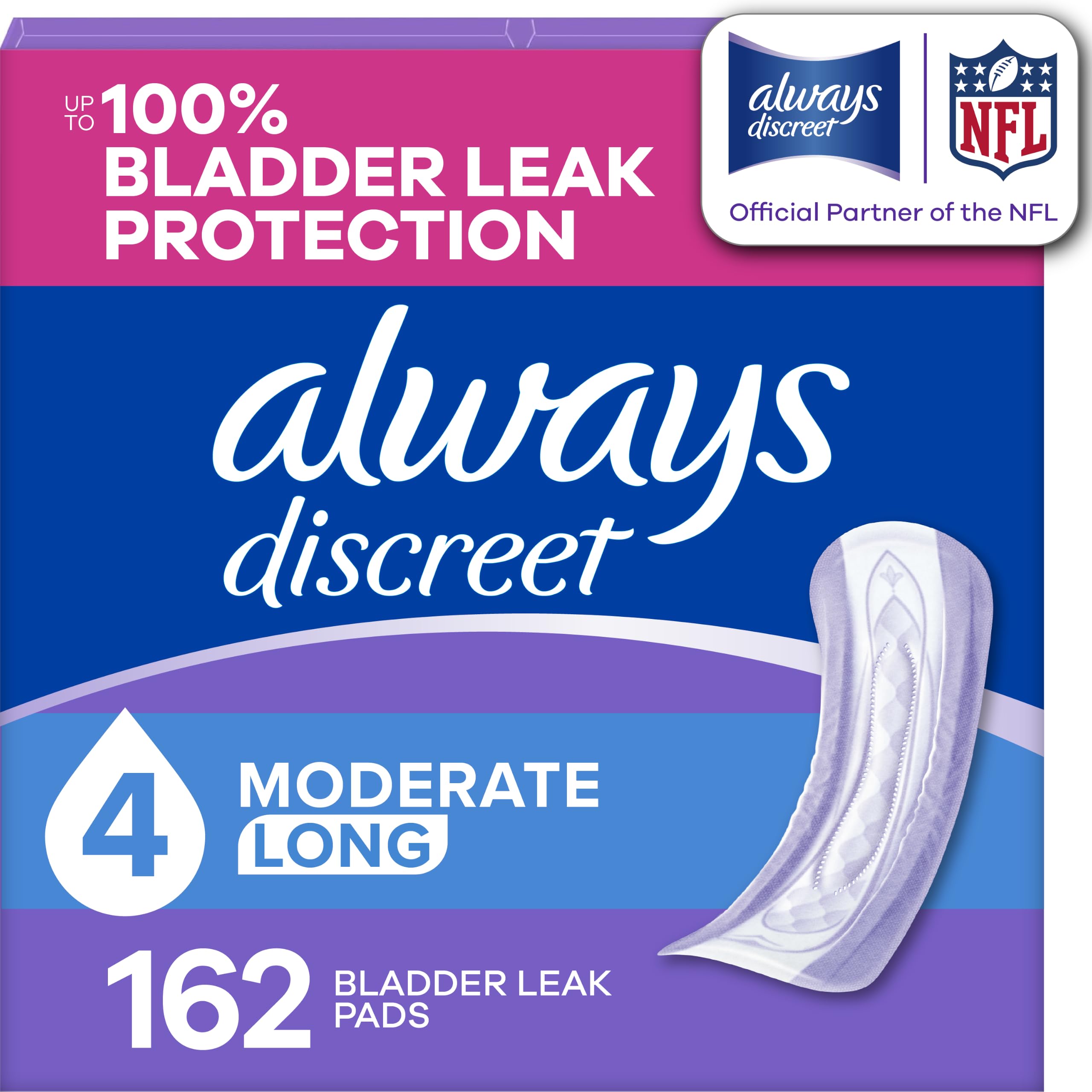Photo 1 of Always Discreet Adult Incontinence Pads for Women, Drier, 4 Drop Long Length, Moderate Absorbency, Pads for Bladder Control Management, Bladder Leaks, & Postpartum Pads, 162ct