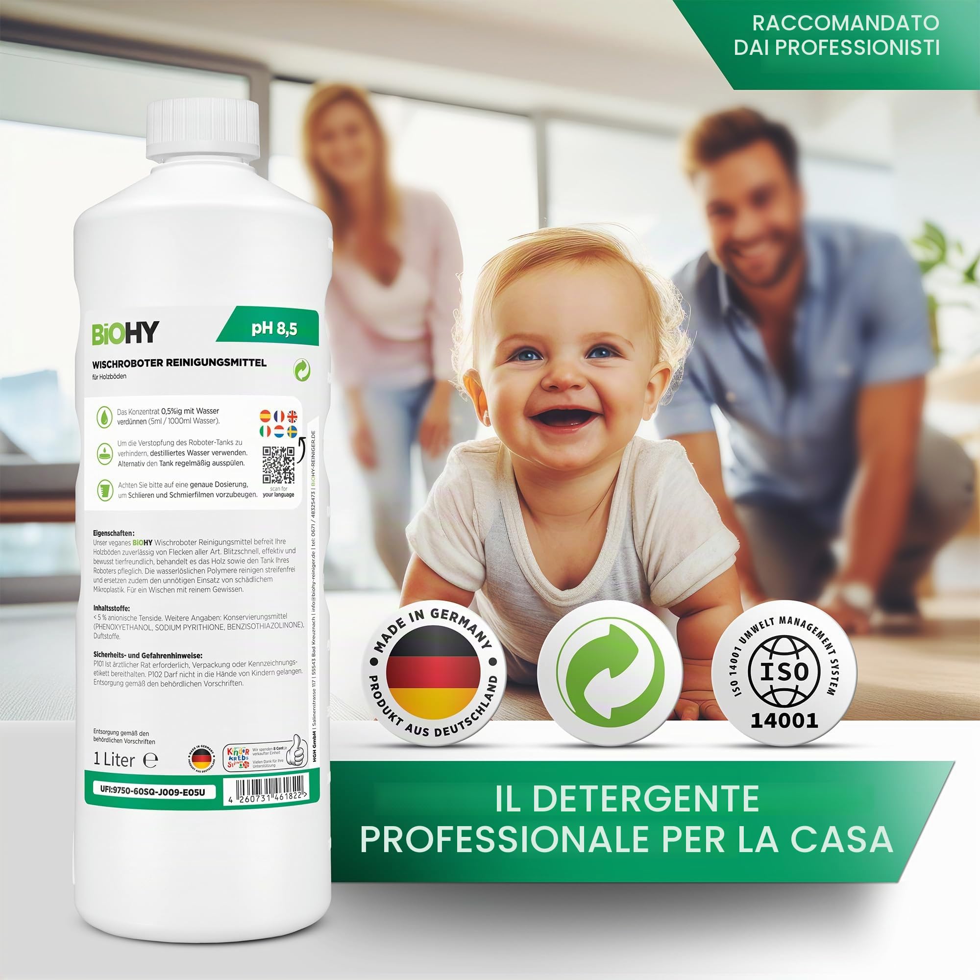 BiOHY Detergente robot pulenti (6 bottiglie da 1l) + Distributore | Detergente per i pavimenti in legno | parquet e laminato | Concentrato economo dall'odore fresco (Wischroboter Holz)