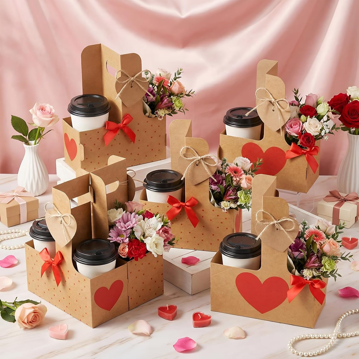 Tinlade 2 Cup Heart Disposable Drink Carrier with Handle Mother's Day Cup Holders Carrier Heart Wrap for Mother Day's Wedding Gift Drinks Coffee Food Delivery(48 Pack,Natural)