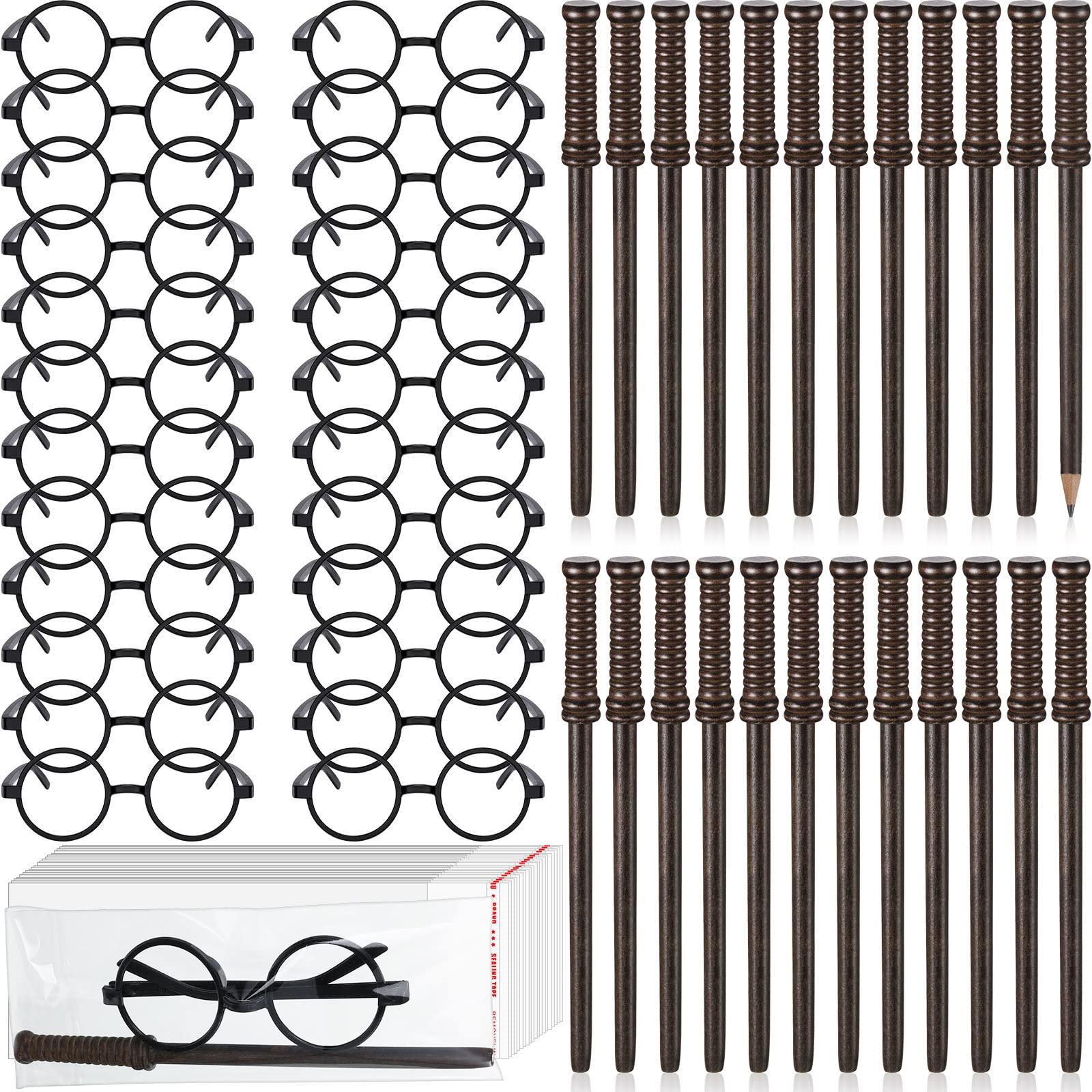 72 Pcs Wand Pencils and Glasses Wizard Halloween Party Favors, Including 24 Wizard Wand Pencils and 24 Plastic Costume Glasses Frame with 24 Storage