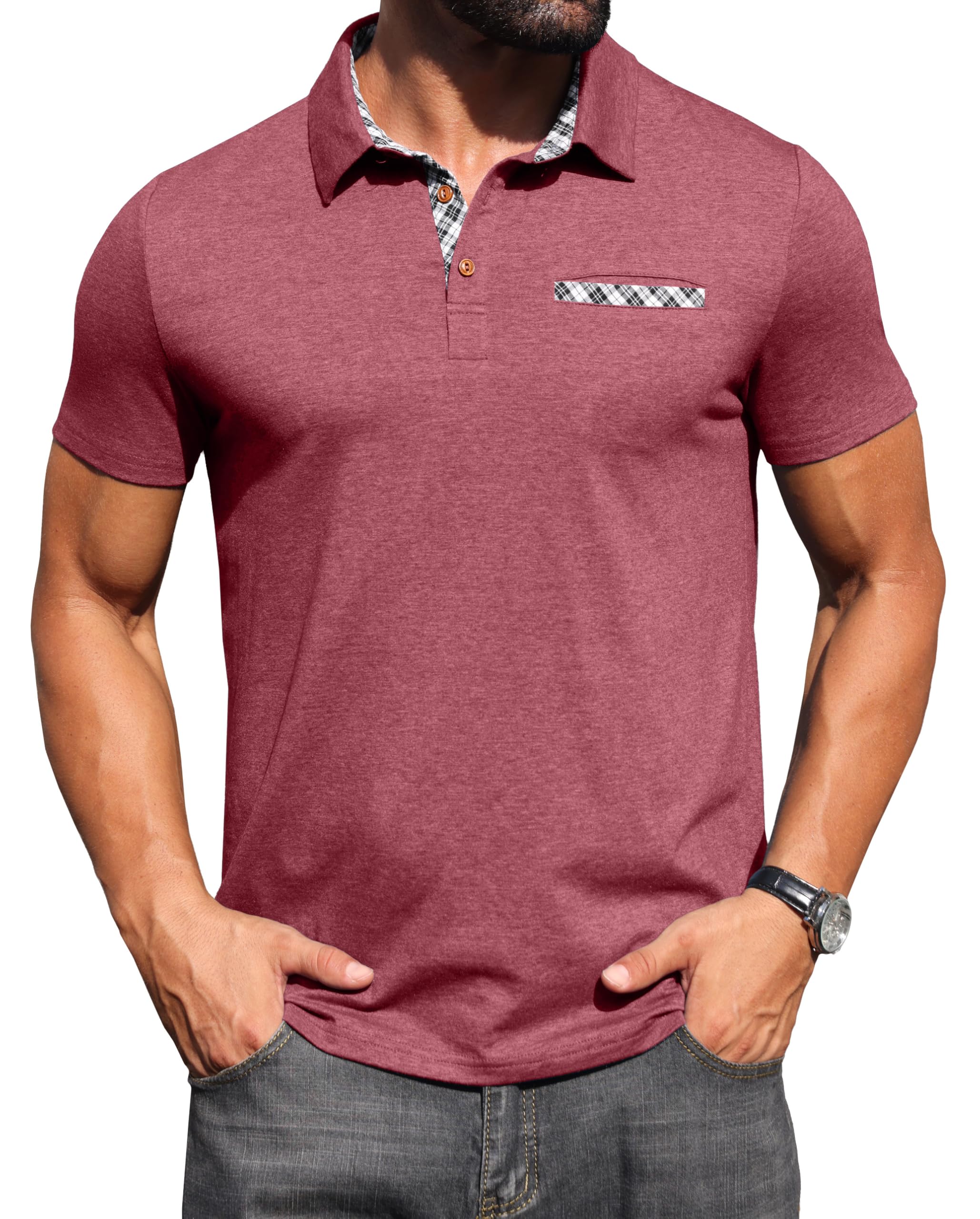 Hisir Poloshirt Herren Kurzarm Baumwolle Stretch Polo Hemd mit Kariertem Kragen & Brusttaschendetail Sommer Casual T-Shirt für Männer Business Freizeit & Golf