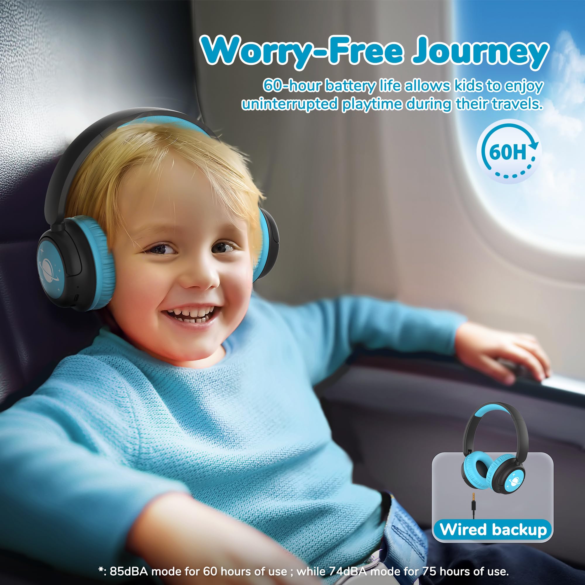 iClever Auriculares Bluetooth para niños, batería de 60 horas, 74/85 dBA, limitación de volumen, sonido estéreo, tipo C, Bluetooth 5.4, auriculares inalámbricos para niños con micrófono para